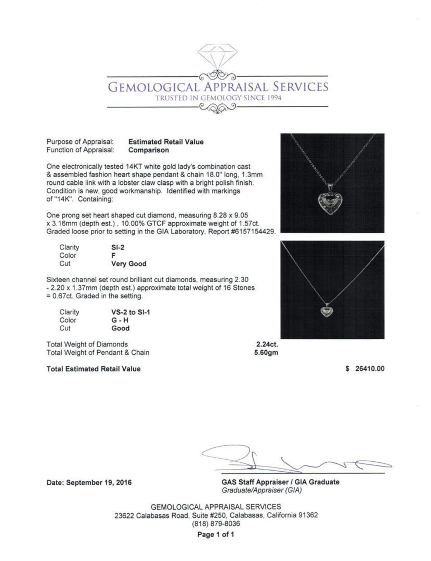 GIA Cert 2.24 ctw Diamond Pendant With Chain - 14KT White Gold - Image 3 of 4