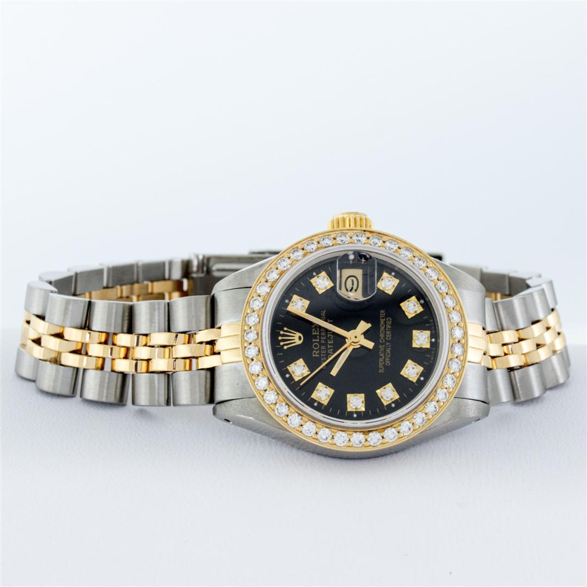 Rolex Ladies 2T 26MM Black Diamond Bezel 1ctw 18K Yellow Gold Datejust Wristwatc - Image 4 of 9