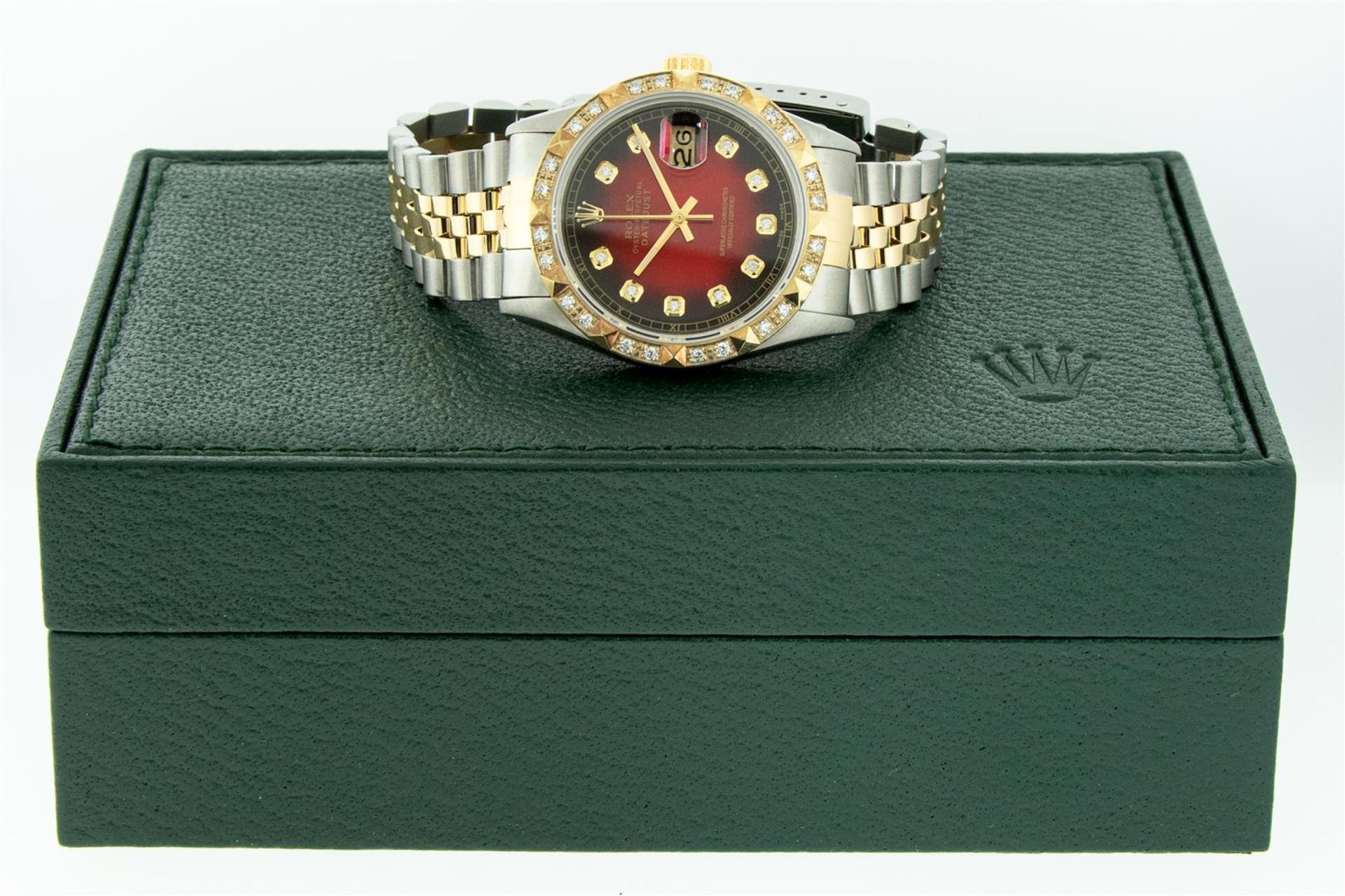 Rolex Mens 2 Tone Red Vignette Pyramid Diamond 36MM Oyster Perpetual Datejust Wi - Image 7 of 9