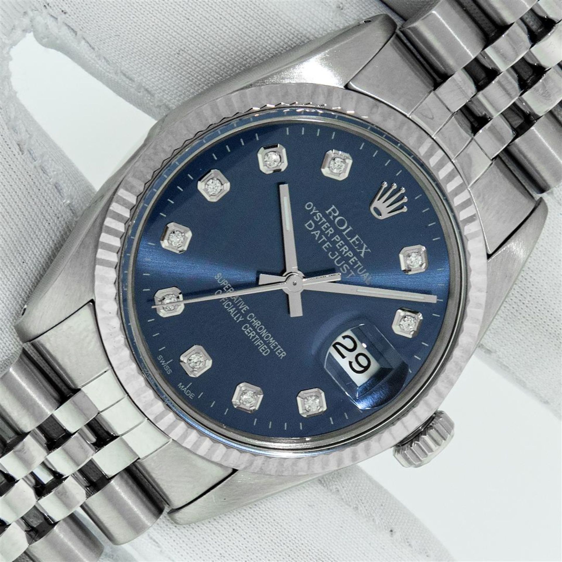 Rolex Mens Stainless Steel 36MM Blue Diamond Datejust Oyster Perpetual Wristwatc