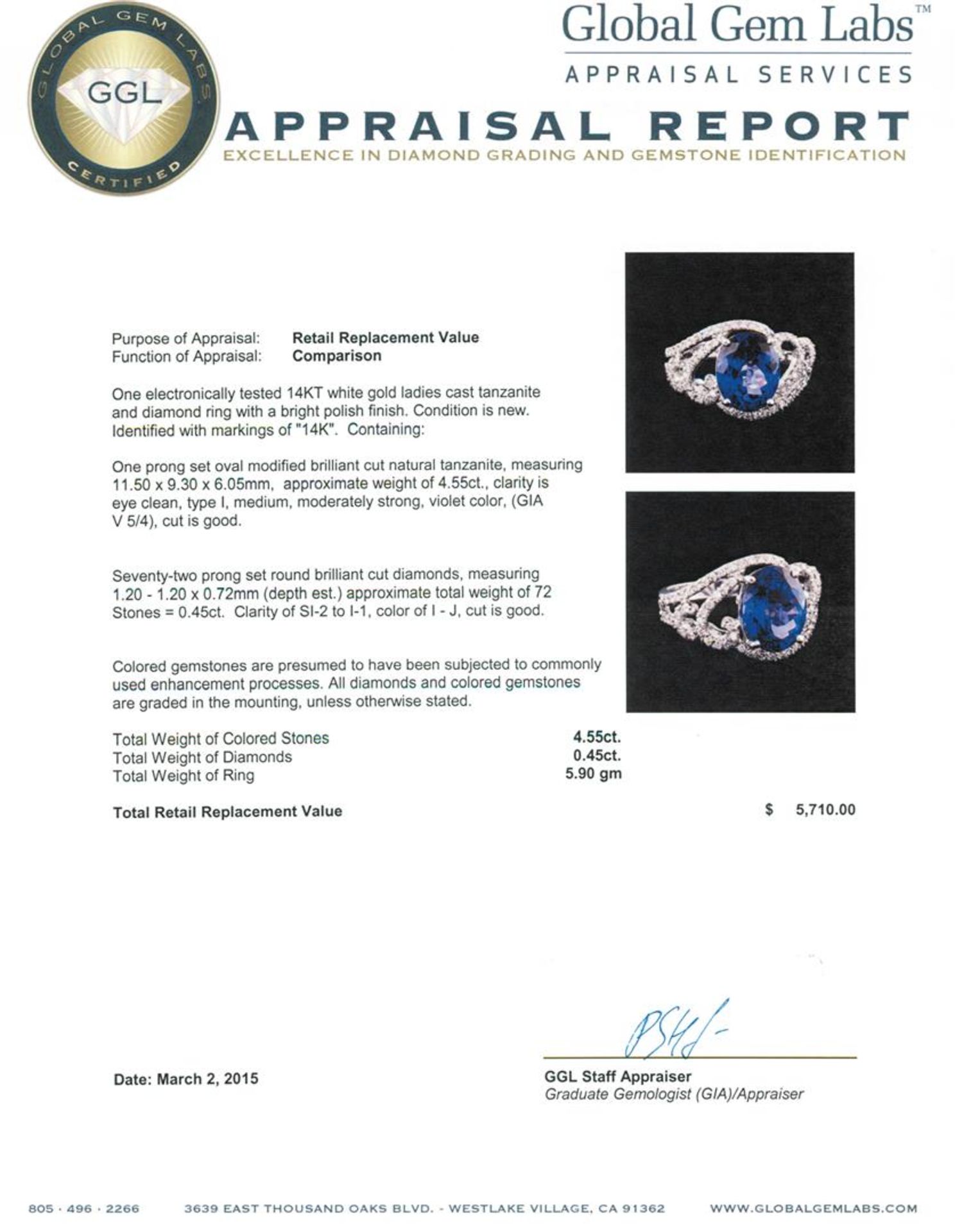 14KT White Gold 4.55 ctw Tanzanite and Diamond Ring - Image 5 of 5