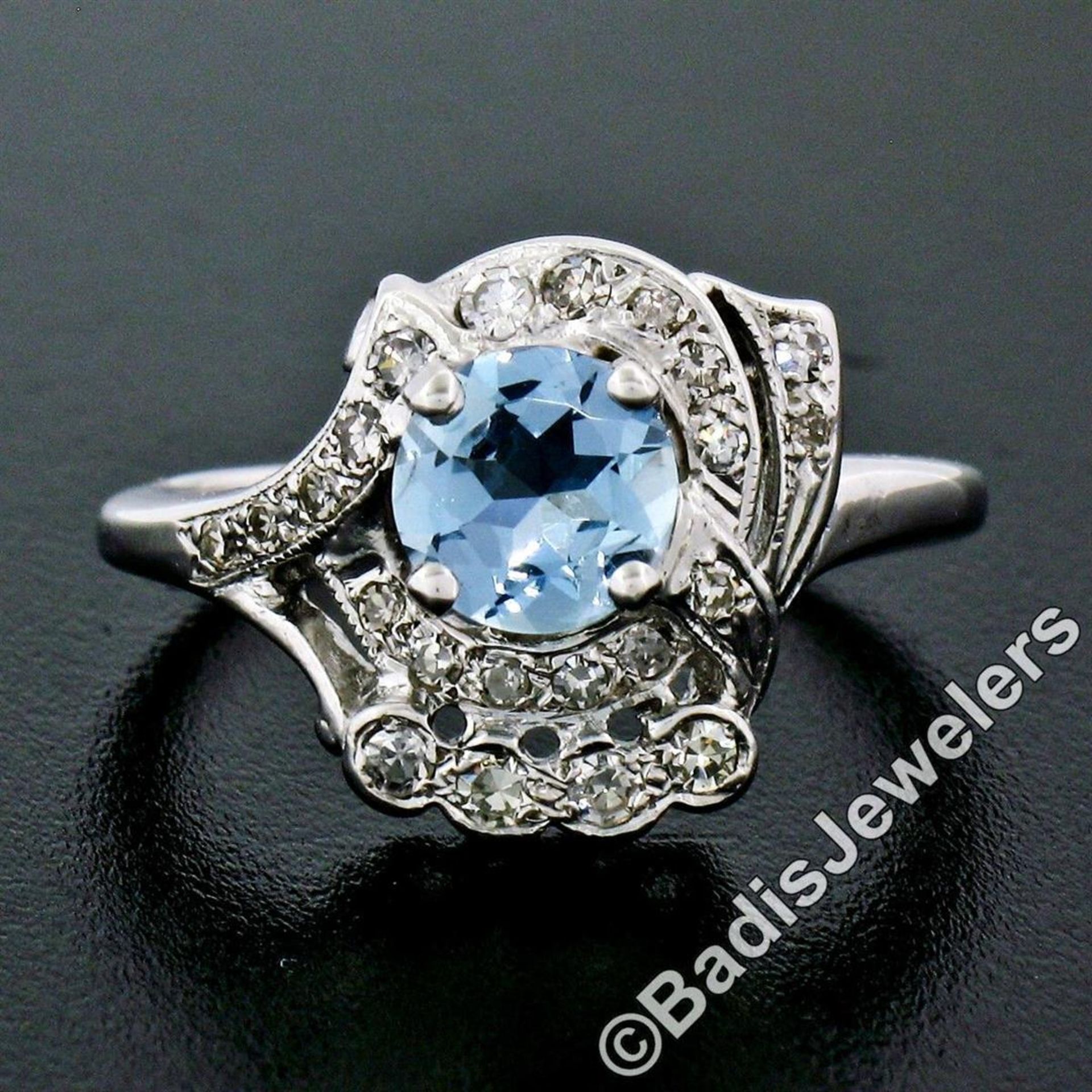 Art Deco 14kt White Gold 1.45ctw Round Aquamarine and Diamond Cocktail Ring - Image 2 of 9