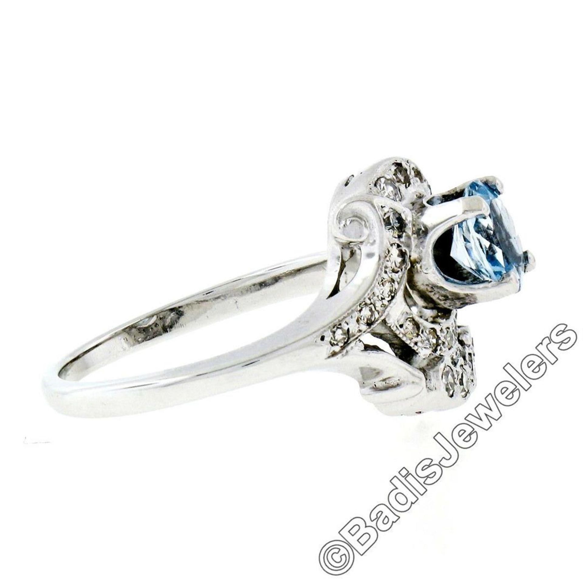 Art Deco 14kt White Gold 1.45ctw Round Aquamarine and Diamond Cocktail Ring - Image 8 of 9