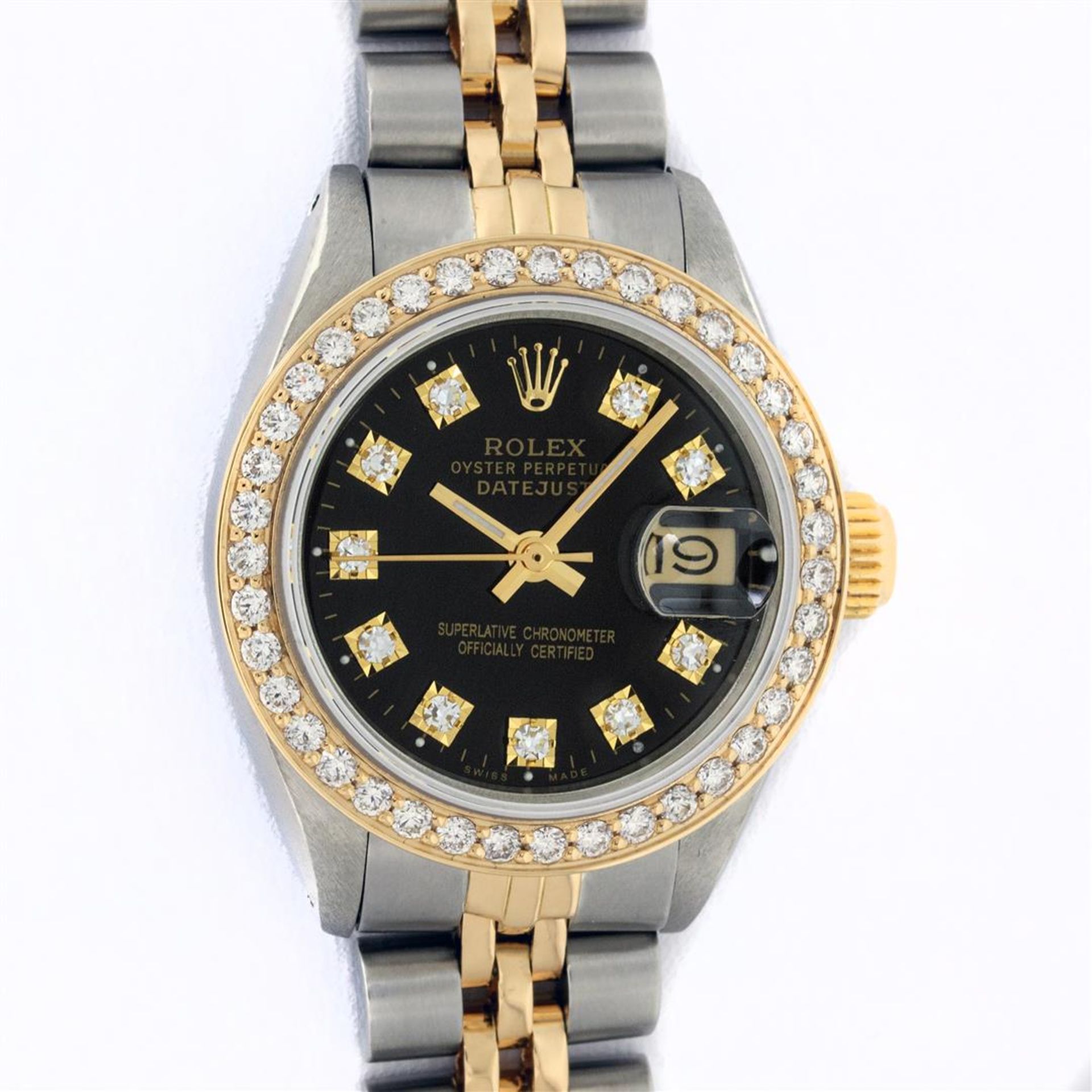 Rolex Ladies 2T 26MM Black Diamond Bezel 1ctw 18K Yellow Gold Datejust Wristwatc