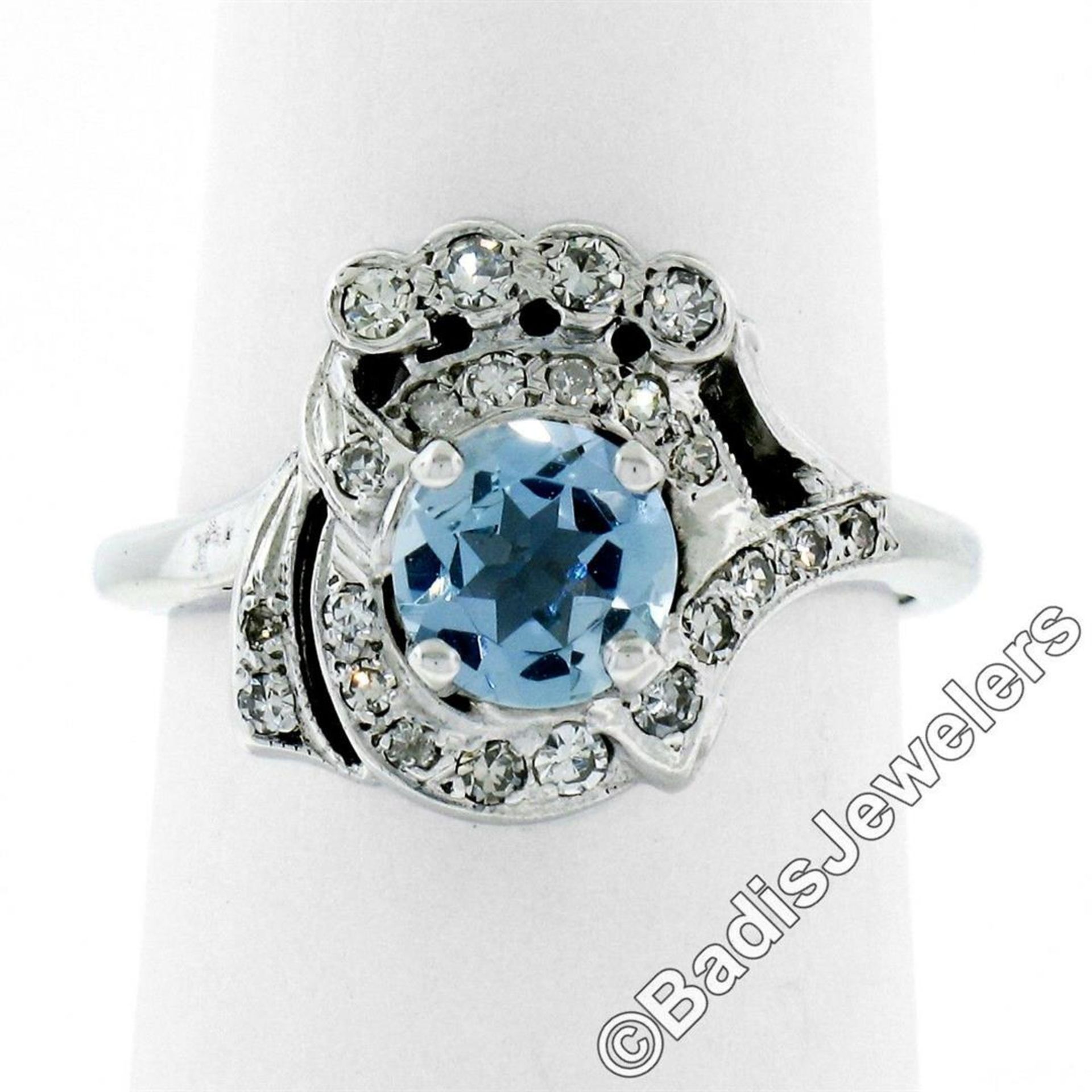 Art Deco 14kt White Gold 1.45ctw Round Aquamarine and Diamond Cocktail Ring - Image 3 of 9