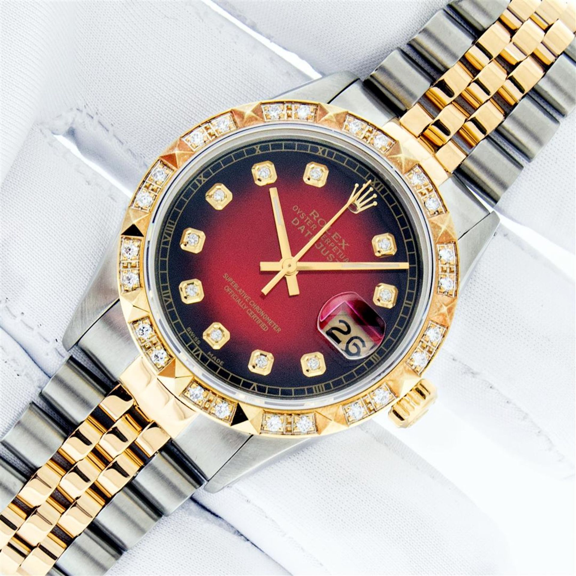 Rolex Mens 2 Tone Red Vignette Pyramid Diamond 36MM Oyster Perpetual Datejust Wi - Image 2 of 9