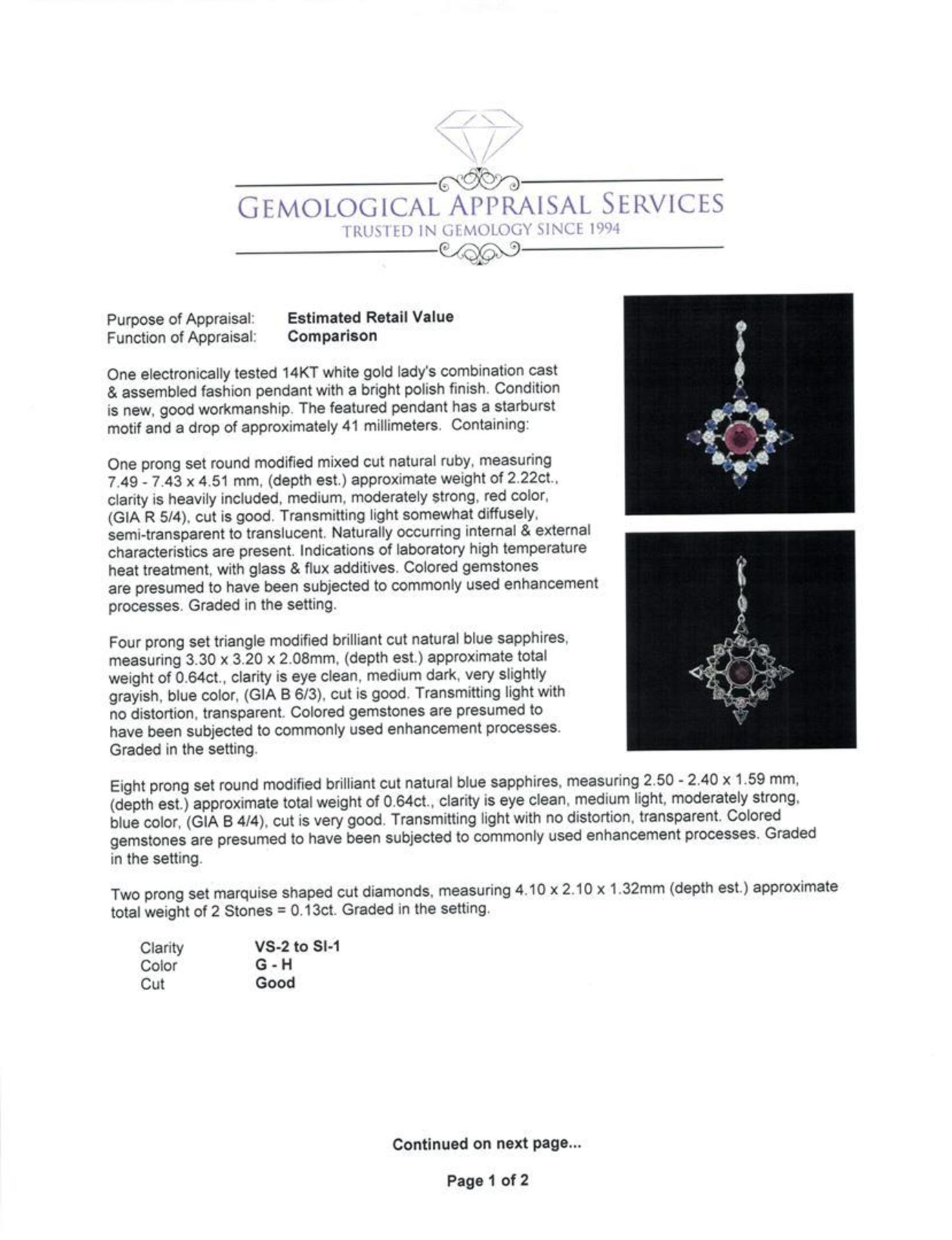 2.22 ct Ruby, Sapphire and Diamond Pendant - 14KT White Gold - Image 3 of 4