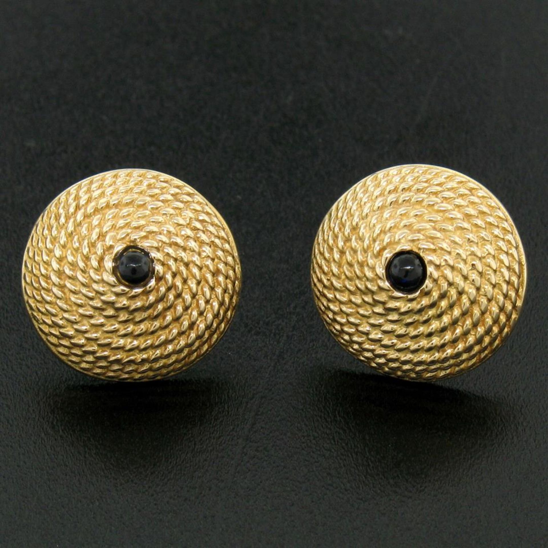 Vintage 14k Yellow Gold Cabochon Sapphire Twisted Wire Cone Shaped Stud Earrings - Image 4 of 7