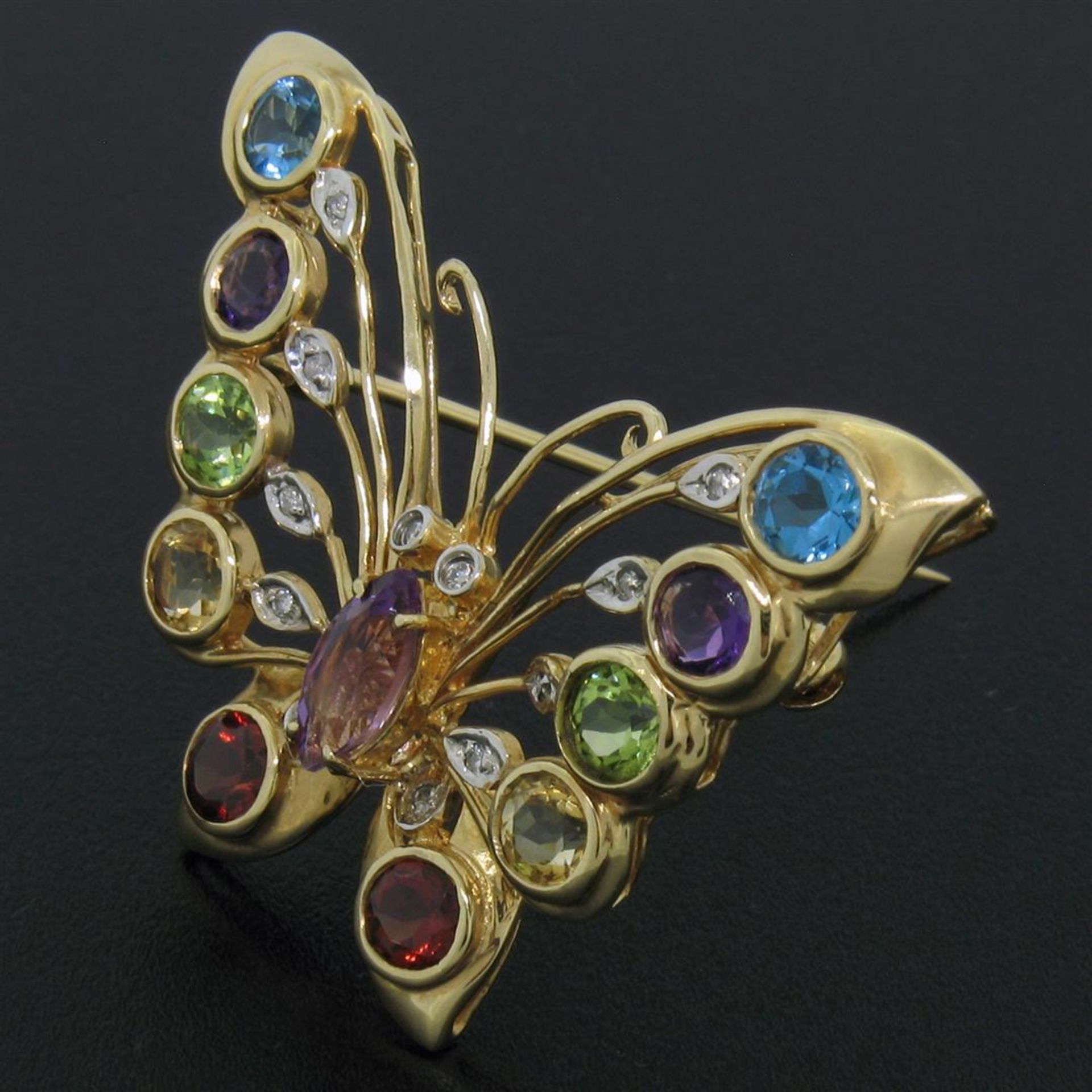 14k Yellow Gold 3.12ct Multi Colored Natural Gemstone & Diamond Butterfly Brooch - Image 2 of 7
