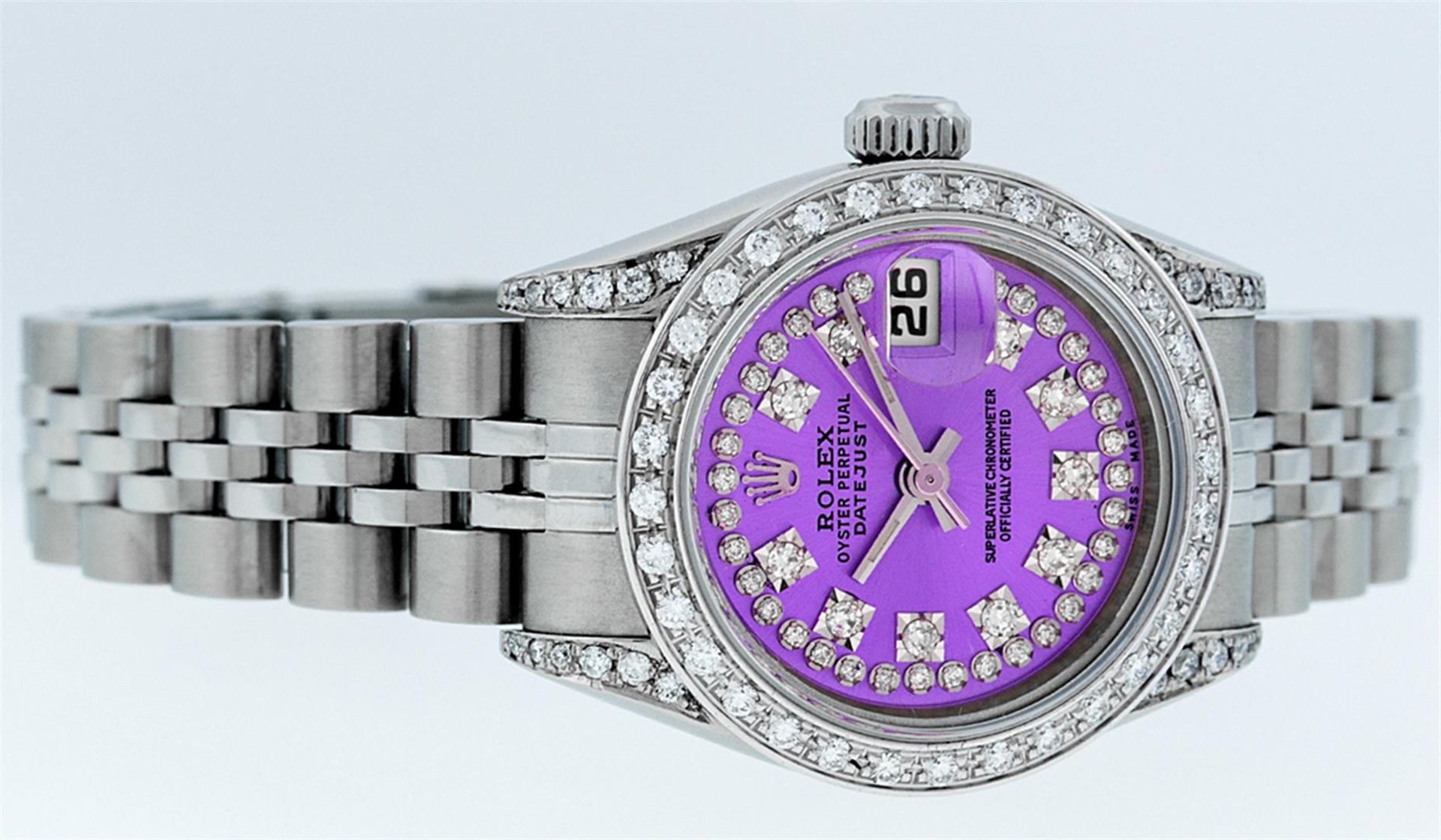 Rolex Ladies Stainless Steel Quickset Purple String Diamond Lugs Datejust Wristw - Image 2 of 9