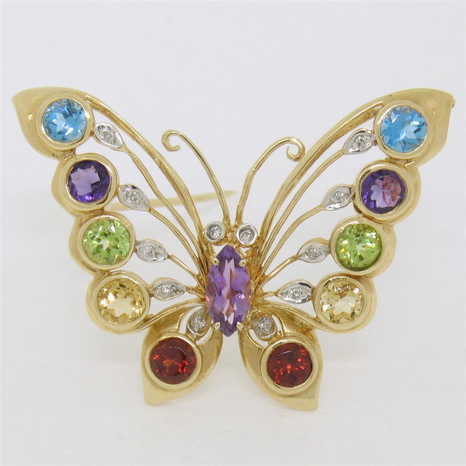 14k Yellow Gold 3.12ct Multi Colored Natural Gemstone & Diamond Butterfly Brooch - Image 3 of 7