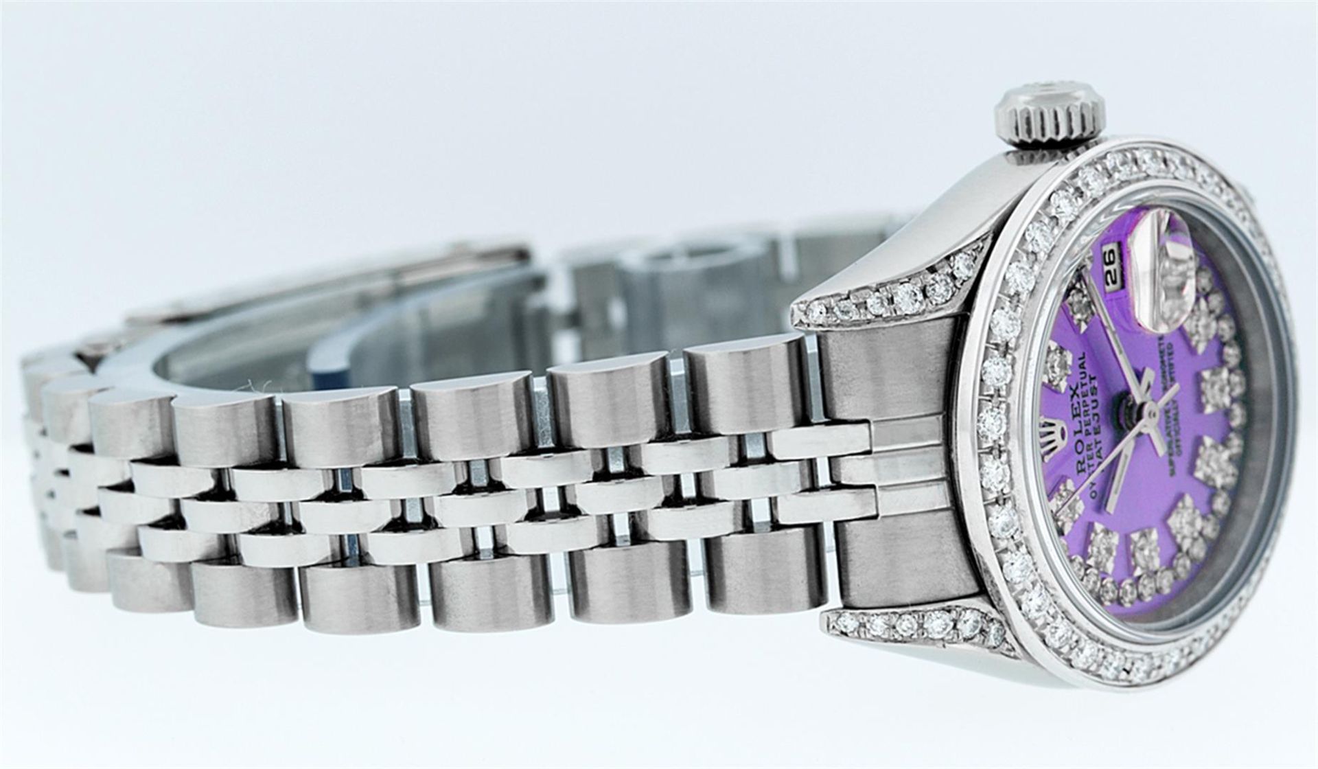 Rolex Ladies Stainless Steel Quickset Purple String Diamond Lugs Datejust Wristw - Image 3 of 9