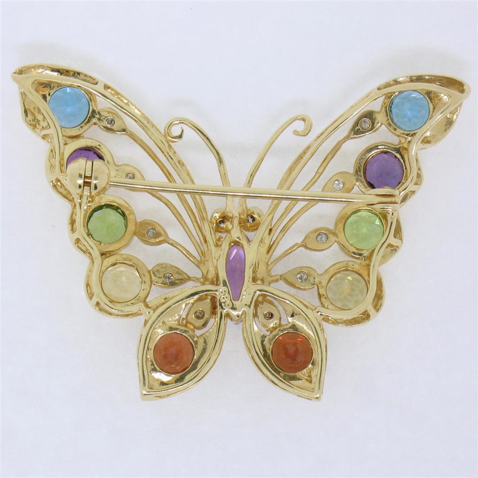 14k Yellow Gold 3.12ct Multi Colored Natural Gemstone & Diamond Butterfly Brooch - Image 5 of 7