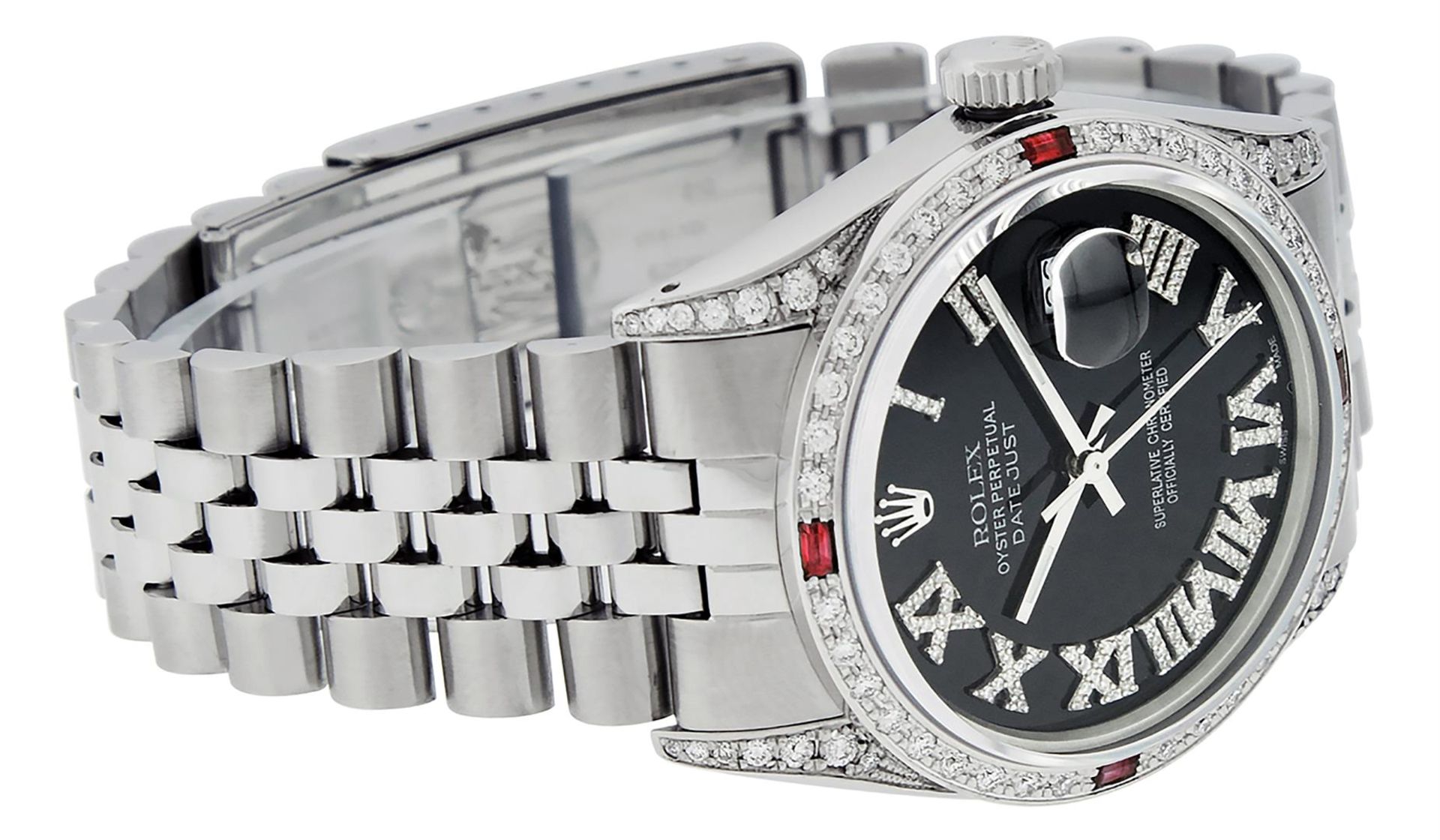 Rolex Mens Stainless Steel Black Roman Diamond & Ruby Datejust Wristwatch With R - Image 5 of 9