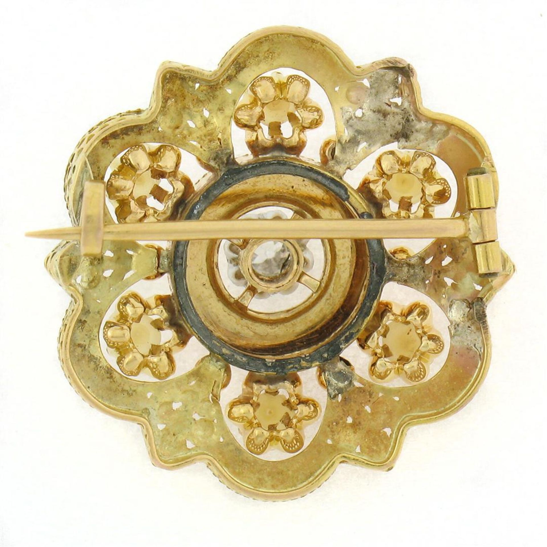 Antique Victorian 18K Yellow Gold Diamond Pearl Detailed Open Flower Brooch Pin - Image 4 of 7