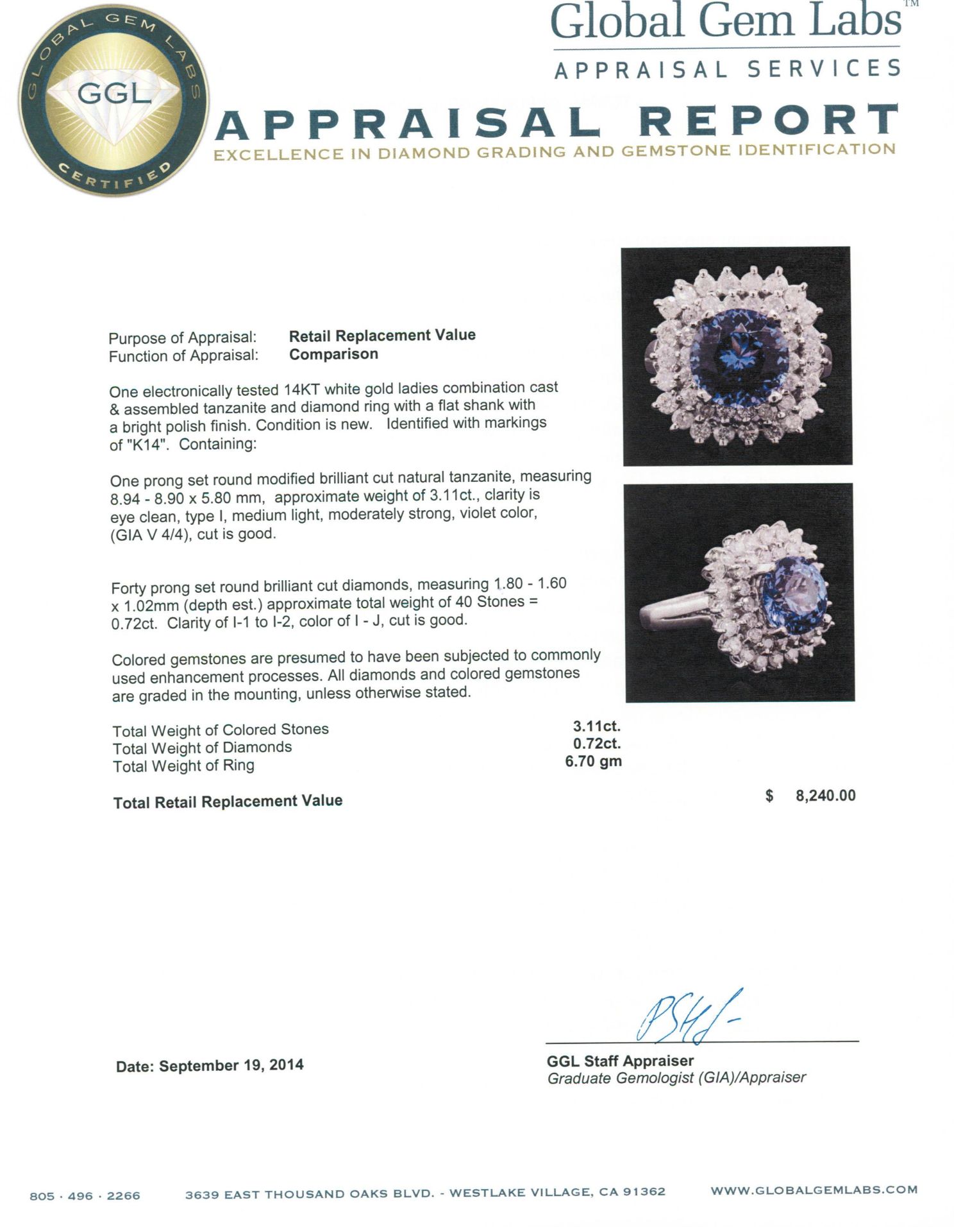 14KT White Gold 3.11 ctw Tanzanite and Diamond Ring - Image 5 of 5