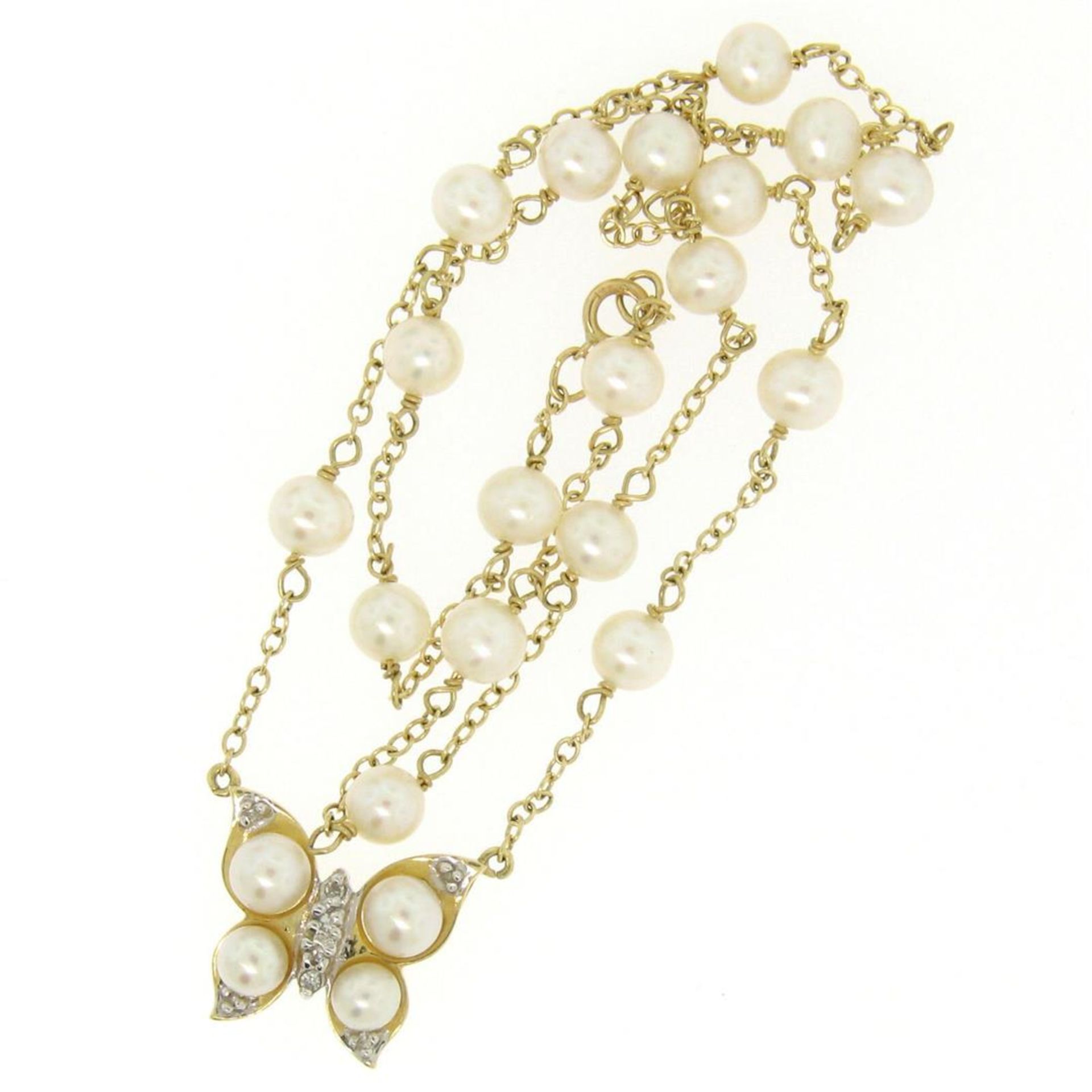 14K Yellow Gold Pearl & Diamond Butterfly Pendant Necklace w/ Pearl By the Yard - Image 5 of 7