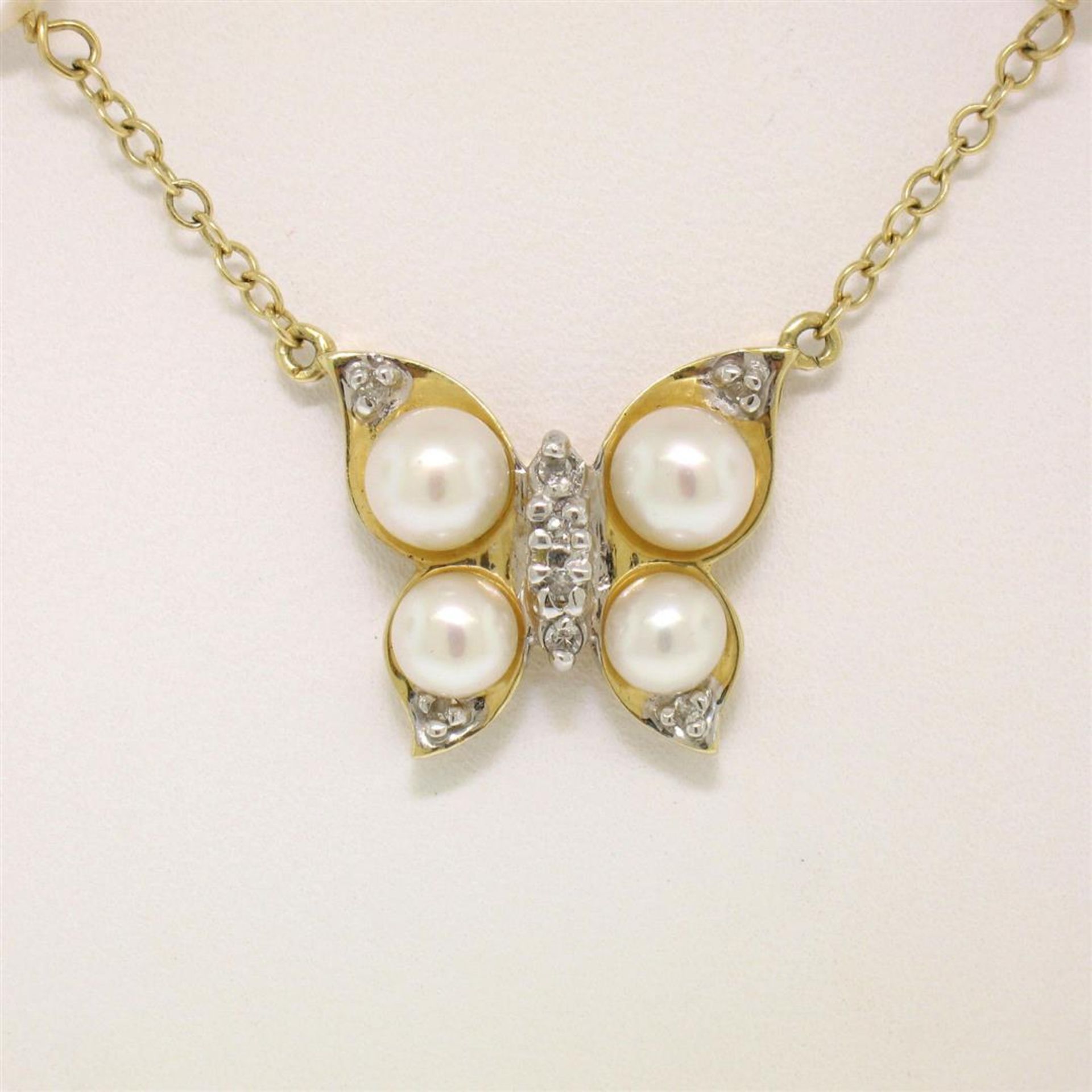 14K Yellow Gold Pearl & Diamond Butterfly Pendant Necklace w/ Pearl By the Yard