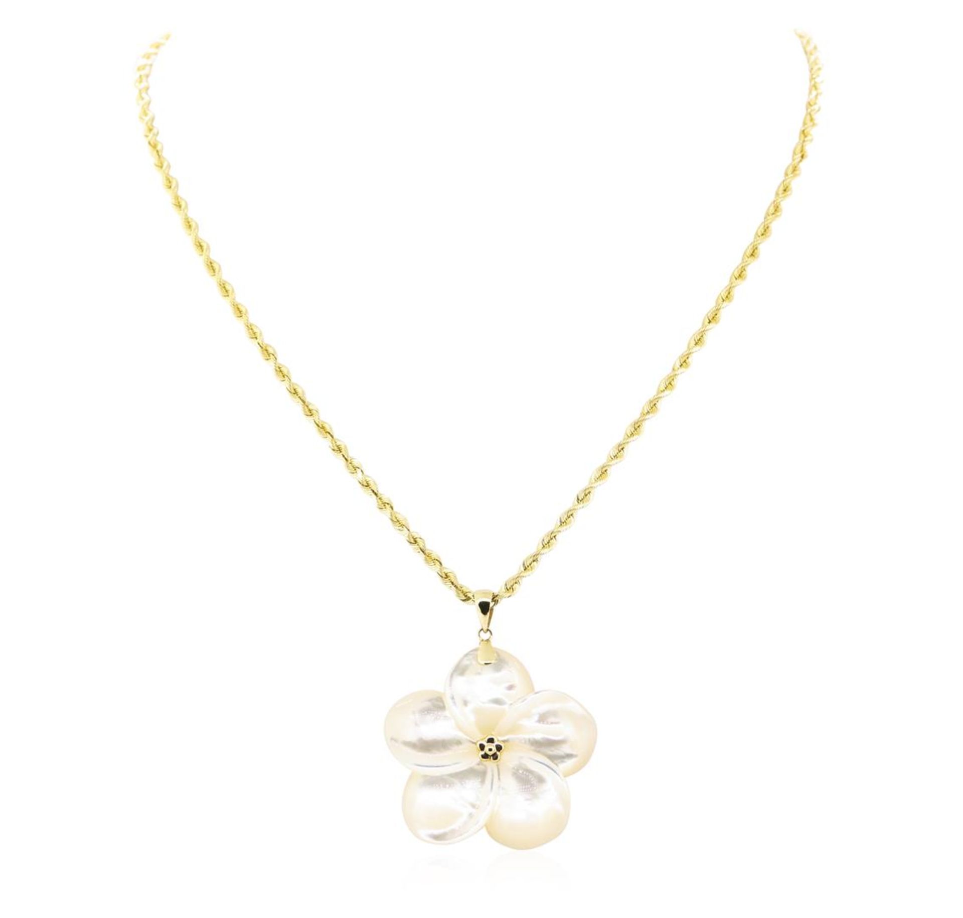 Plumeria Shaped Mother of Pearl Pendant and Chain - 14KT Yellow Gold - Image 2 of 2