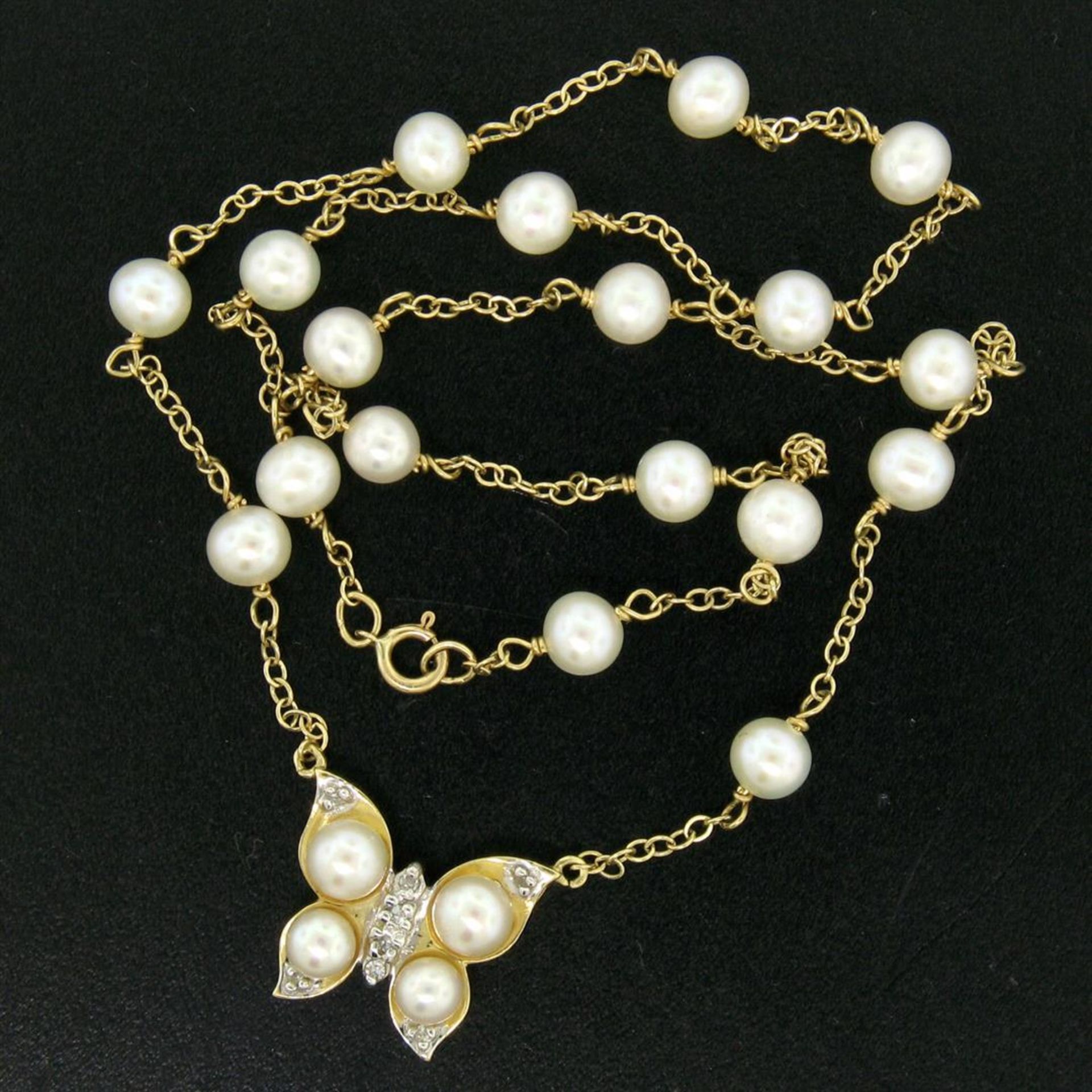 14K Yellow Gold Pearl & Diamond Butterfly Pendant Necklace w/ Pearl By the Yard - Image 2 of 7