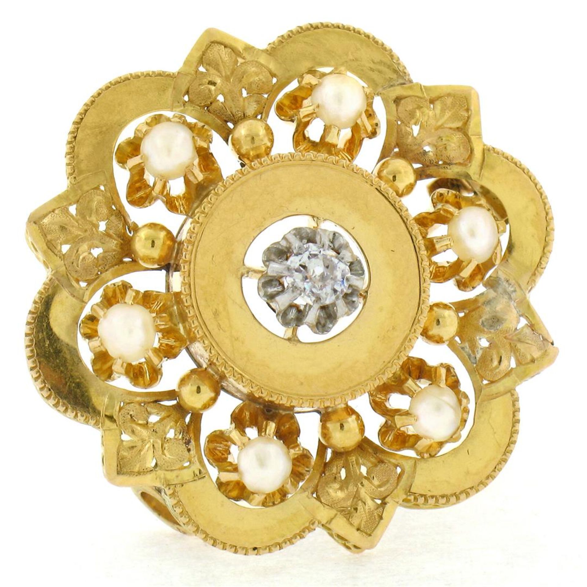 Antique Victorian 18K Yellow Gold Diamond Pearl Detailed Open Flower Brooch Pin - Image 3 of 7