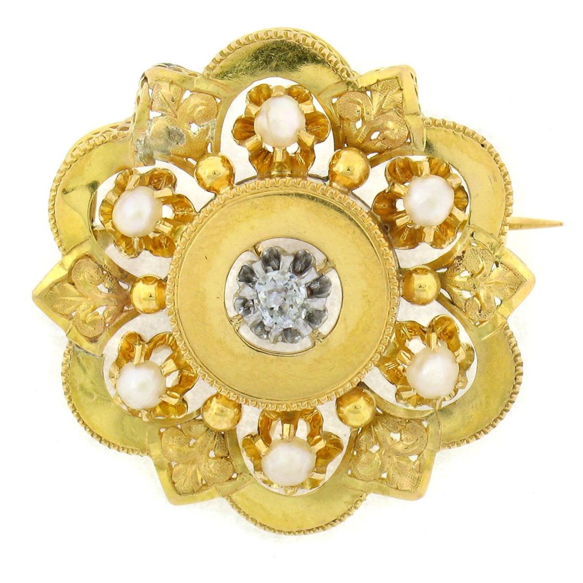Antique Victorian 18K Yellow Gold Diamond Pearl Detailed Open Flower Brooch Pin - Image 2 of 7