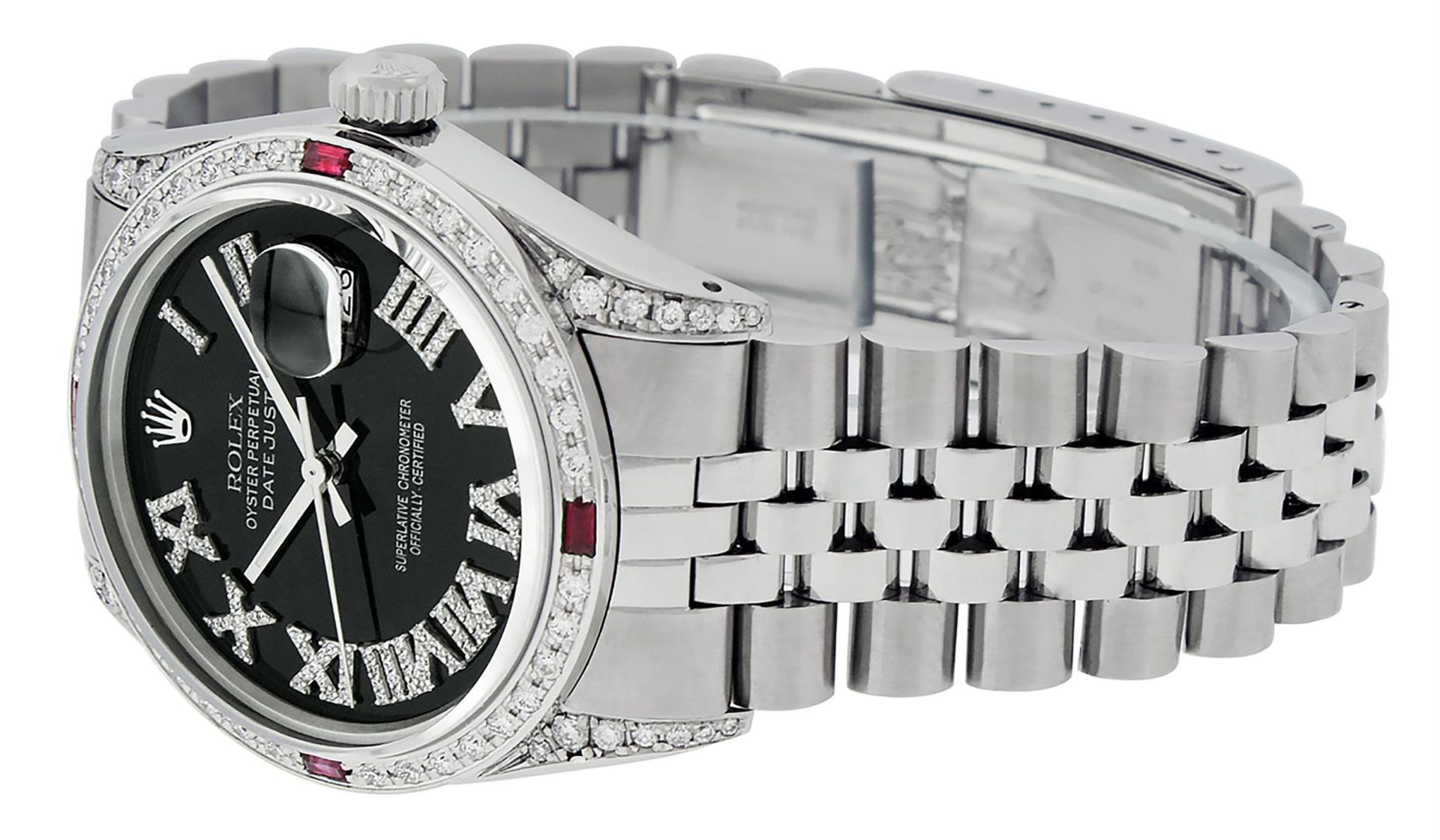 Rolex Mens Stainless Steel Black Roman Diamond & Ruby Datejust Wristwatch With R - Image 4 of 9