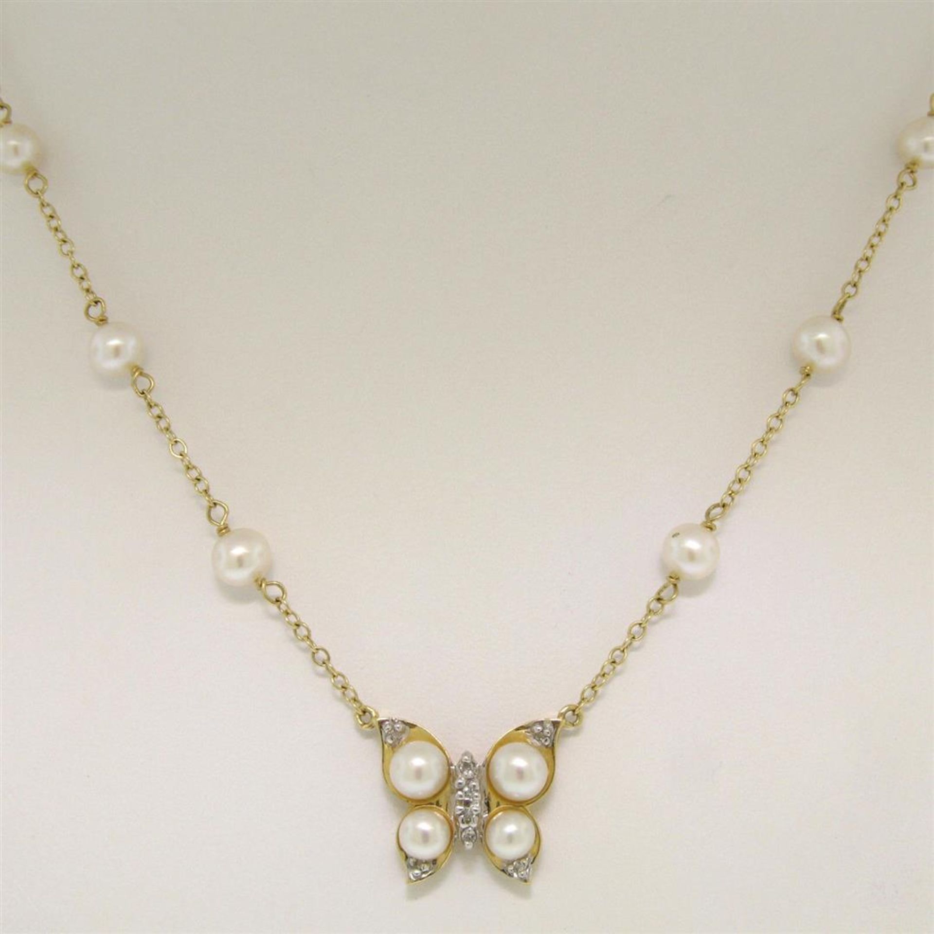 14K Yellow Gold Pearl & Diamond Butterfly Pendant Necklace w/ Pearl By the Yard - Image 3 of 7