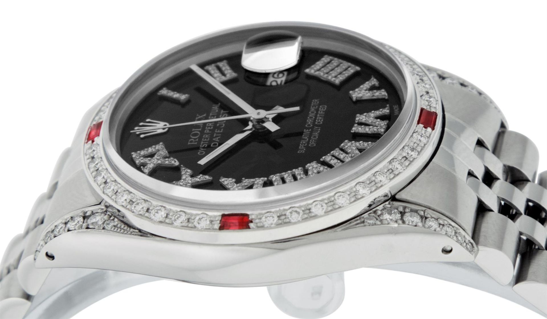 Rolex Mens Stainless Steel Black Roman Diamond & Ruby Datejust Wristwatch With R - Image 3 of 9