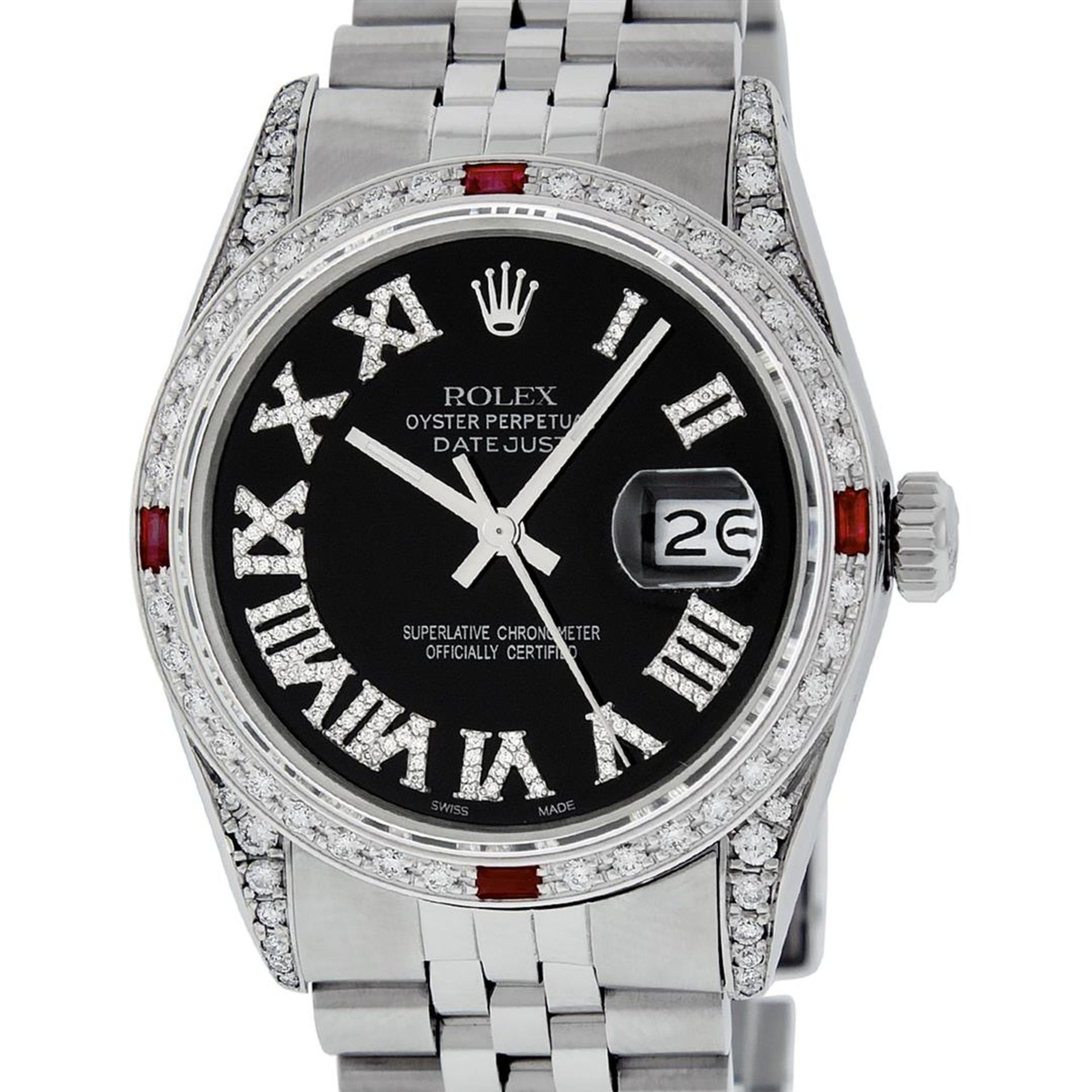 Rolex Mens Stainless Steel Black Roman Diamond & Ruby Datejust Wristwatch With R - Image 6 of 9