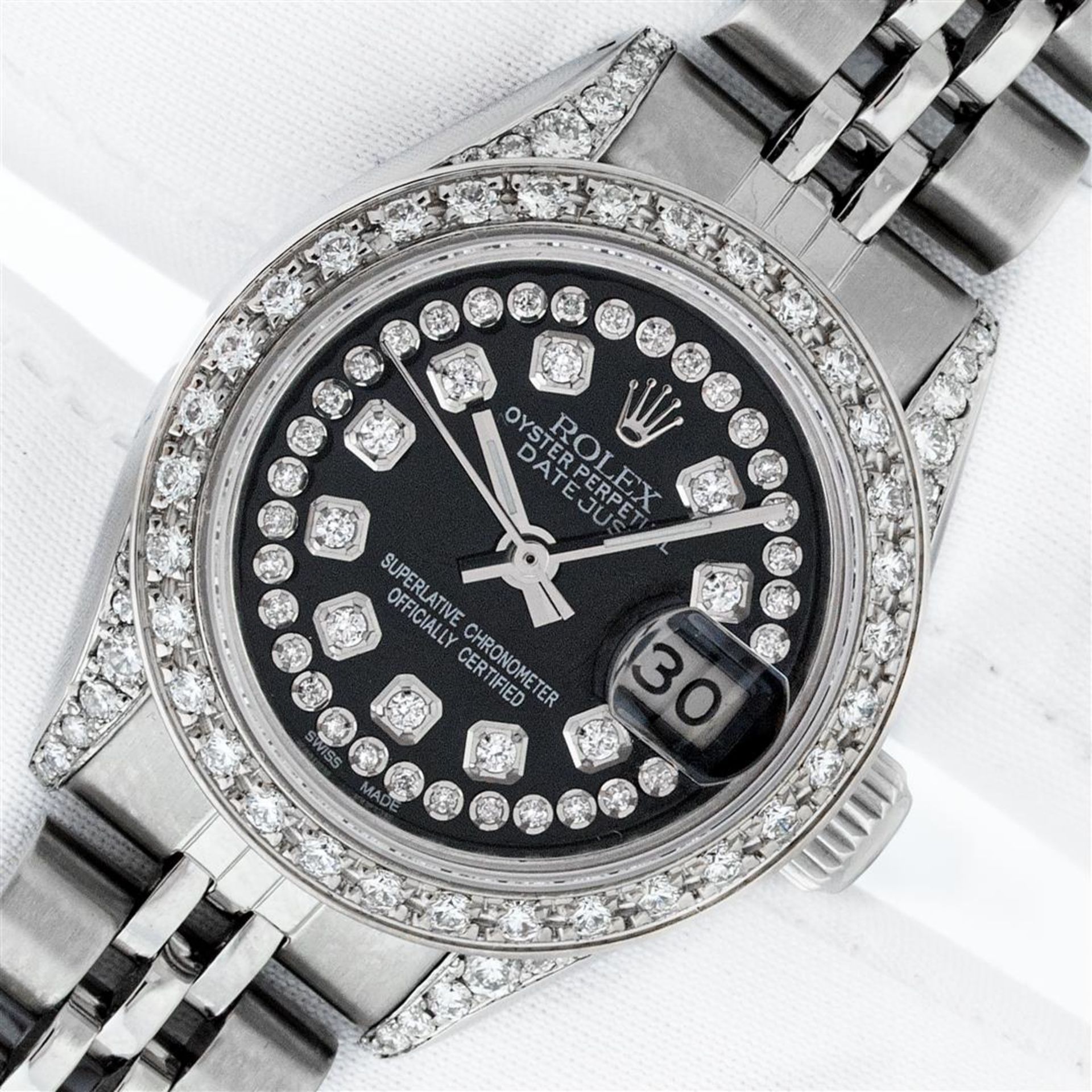Rolex Ladies Stainless Steel 26MM Black Diamond Lugs Datejust Wristwatch Service