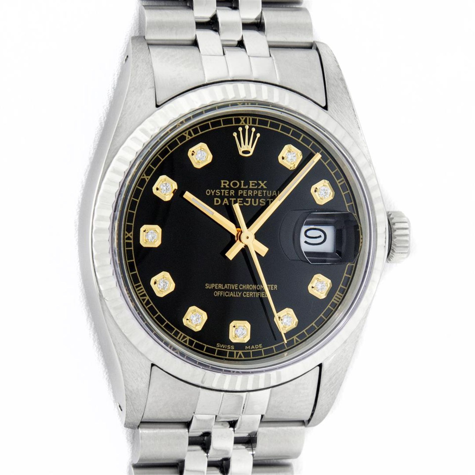 Rolex Mens Stainless Steel 36MM Black Diamond Datejust Wristwatch