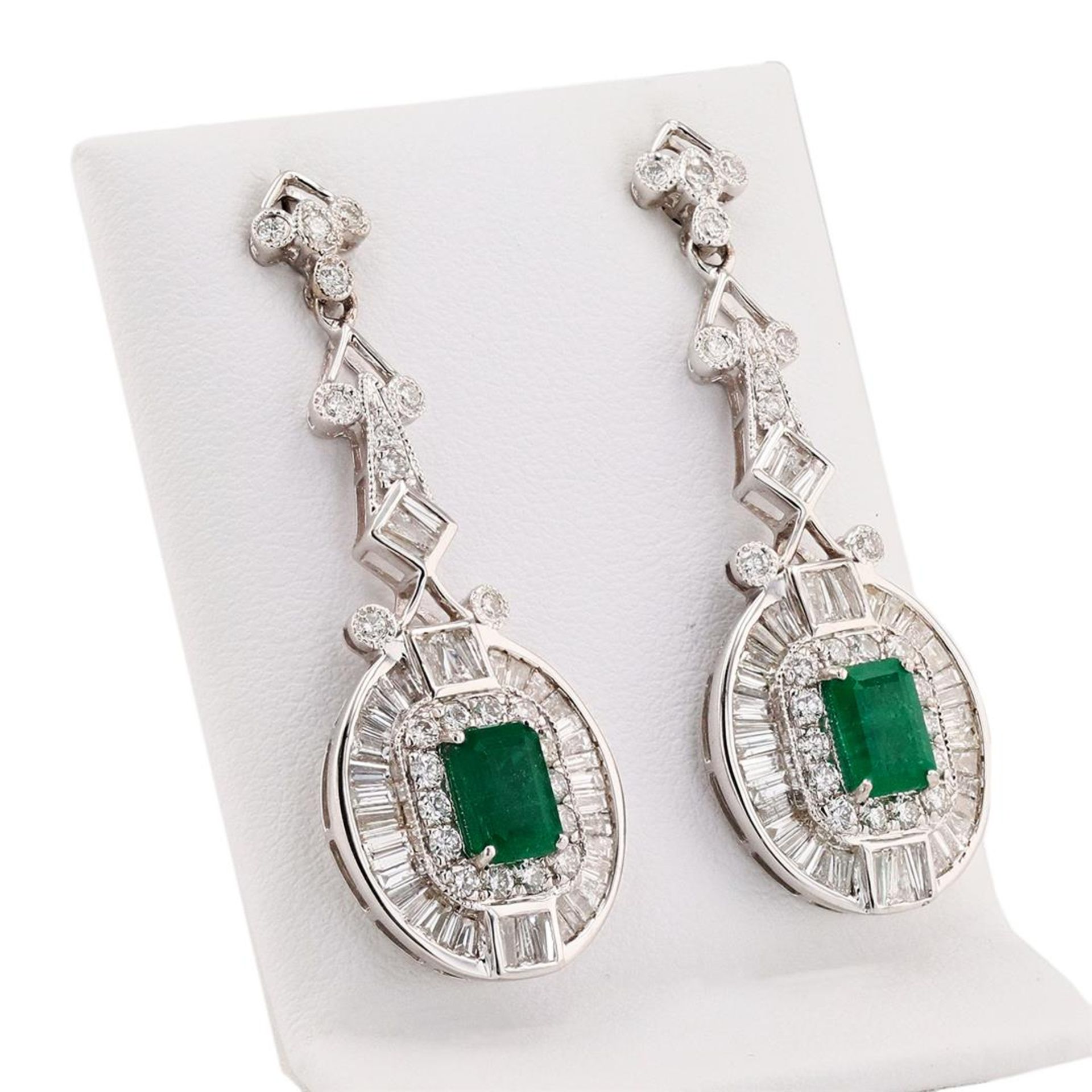 2.25ctw Emerald and 2.55ctw Diamond 14K White Gold Earrings - Image 2 of 4