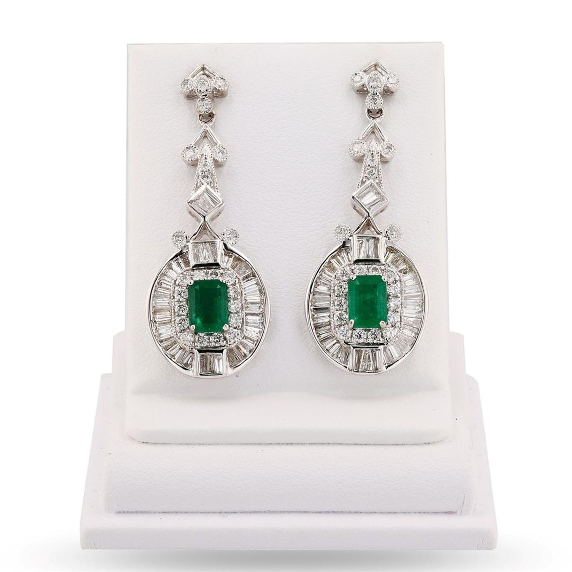 2.25ctw Emerald and 2.55ctw Diamond 14K White Gold Earrings