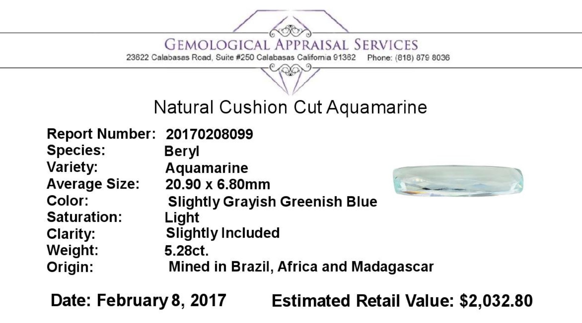 5.28ct.Natural Cushion Cut Aquamarine - Image 2 of 2