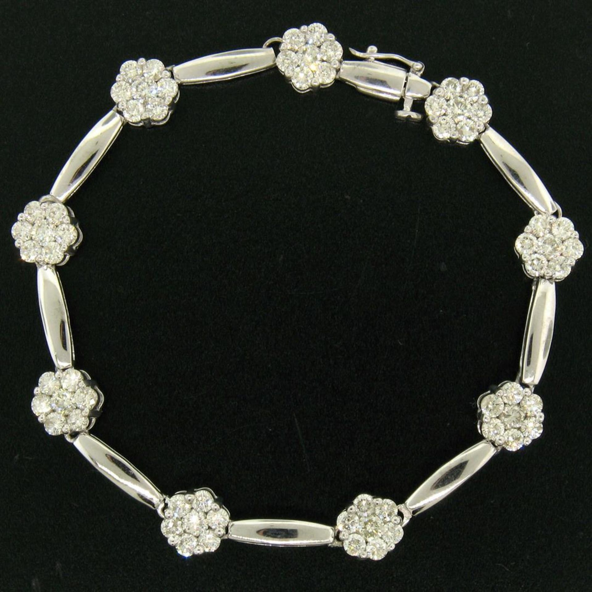 14K White Gold 7" 4.65ctw Round Diamond Flower Cluster Bar Link Tennis Bracelet