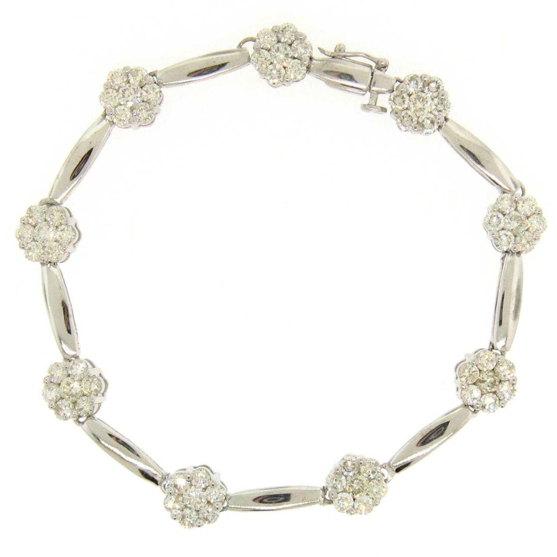 14K White Gold 7" 4.65ctw Round Diamond Flower Cluster Bar Link Tennis Bracelet - Image 2 of 7