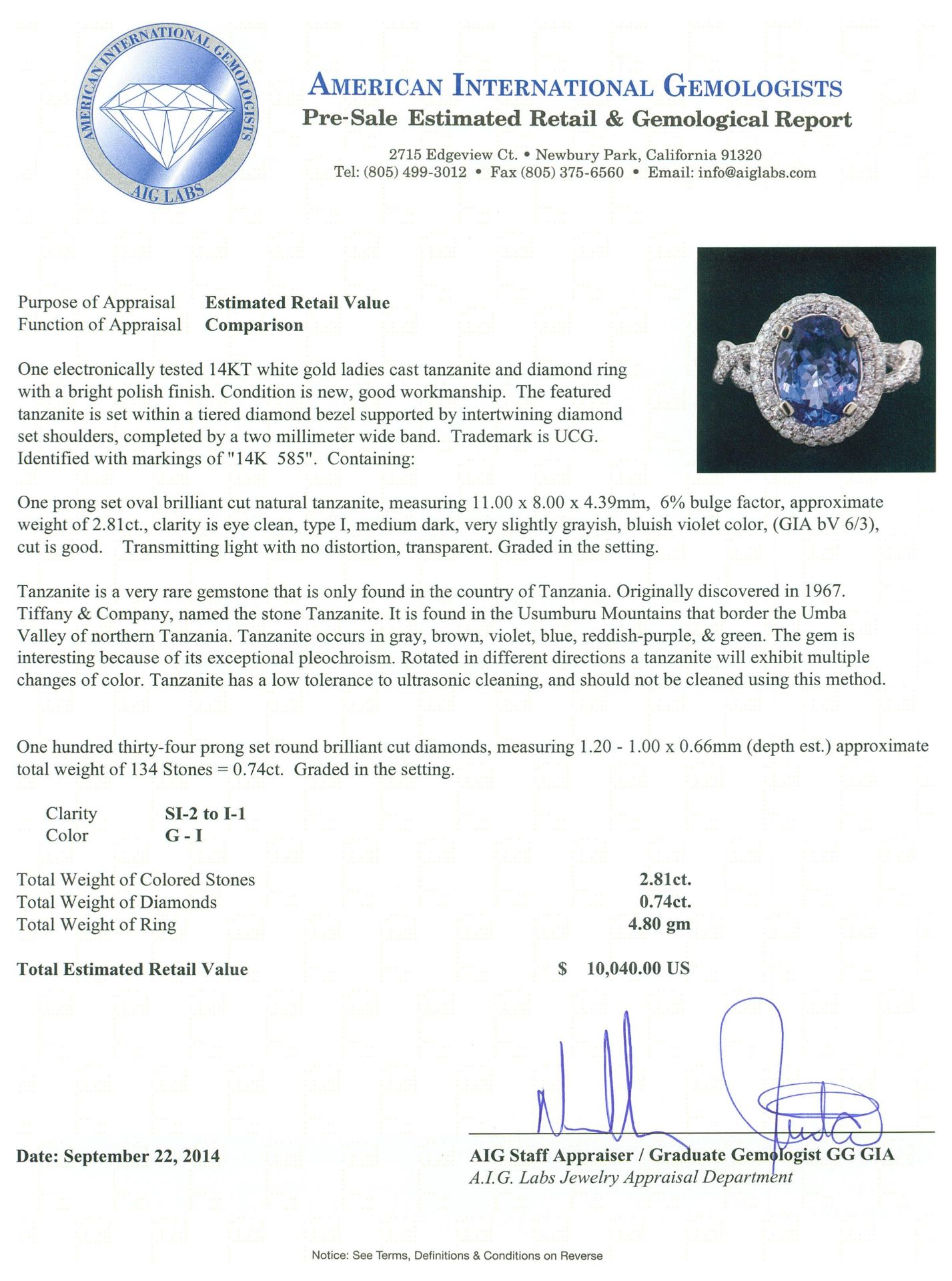 14KT White Gold 2.81 ctw Tanzanite and Diamond Ring - Image 5 of 5