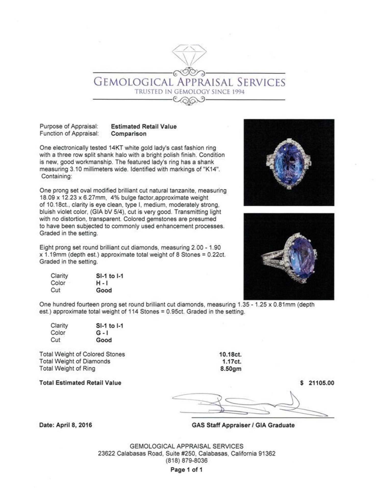 10.18 ctw Tanzanite and Diamond Ring - 14KT White Gold - Image 5 of 5