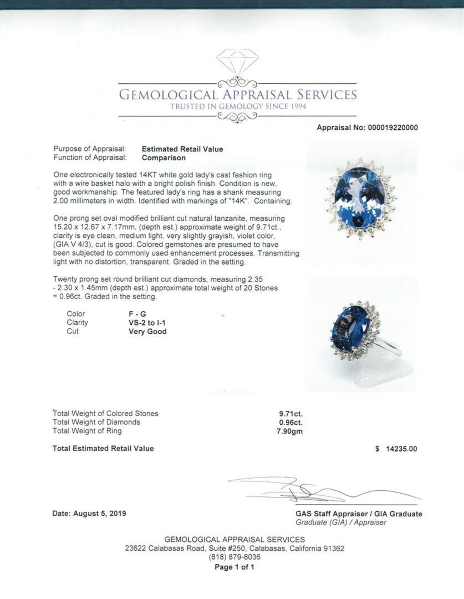 9.62 ctw Tanzanite and Diamond Ring - 14KT White Gold - Image 5 of 5