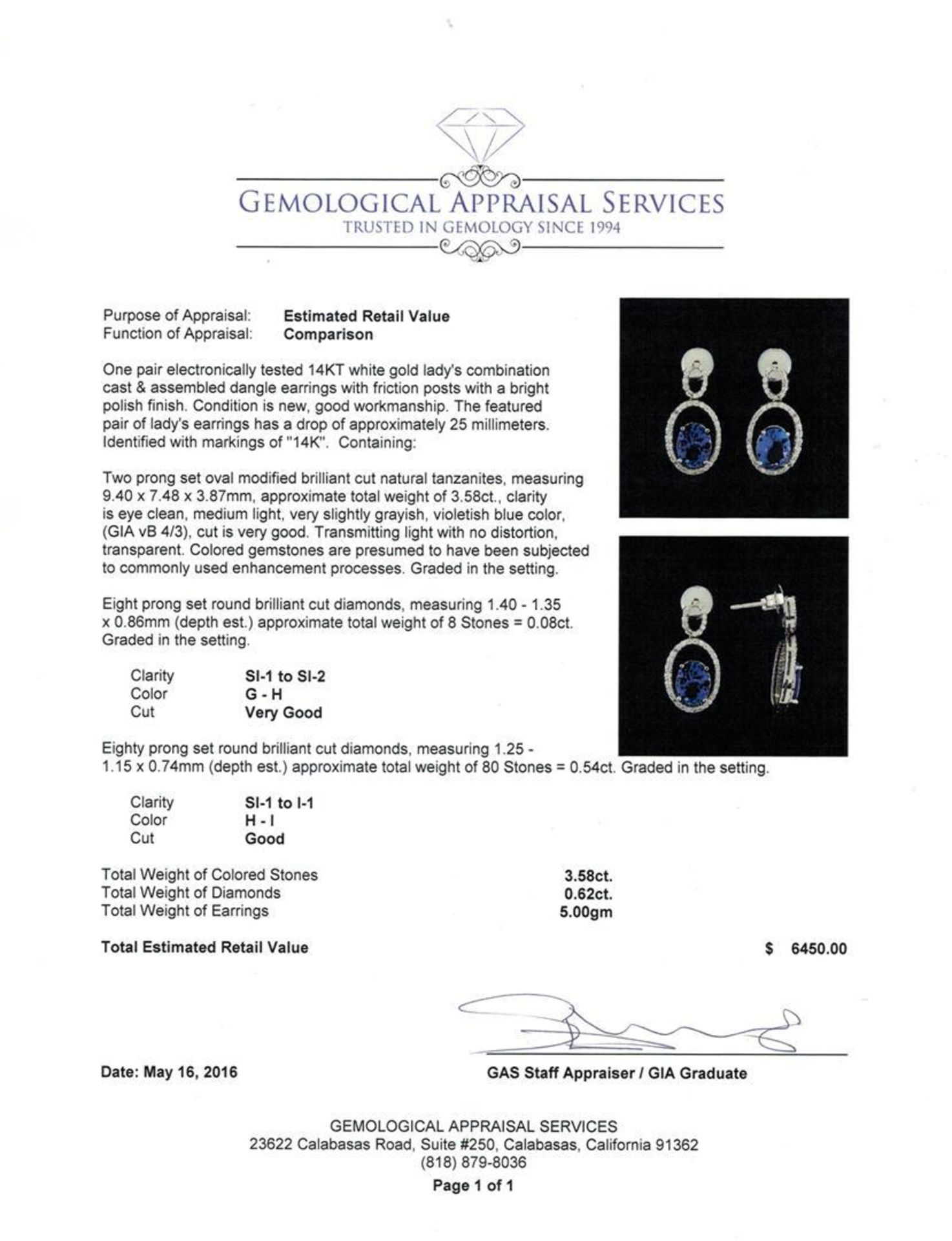 3.58ctw Tanzanite and Diamond Earrings - 14KT White Gold - Image 3 of 3