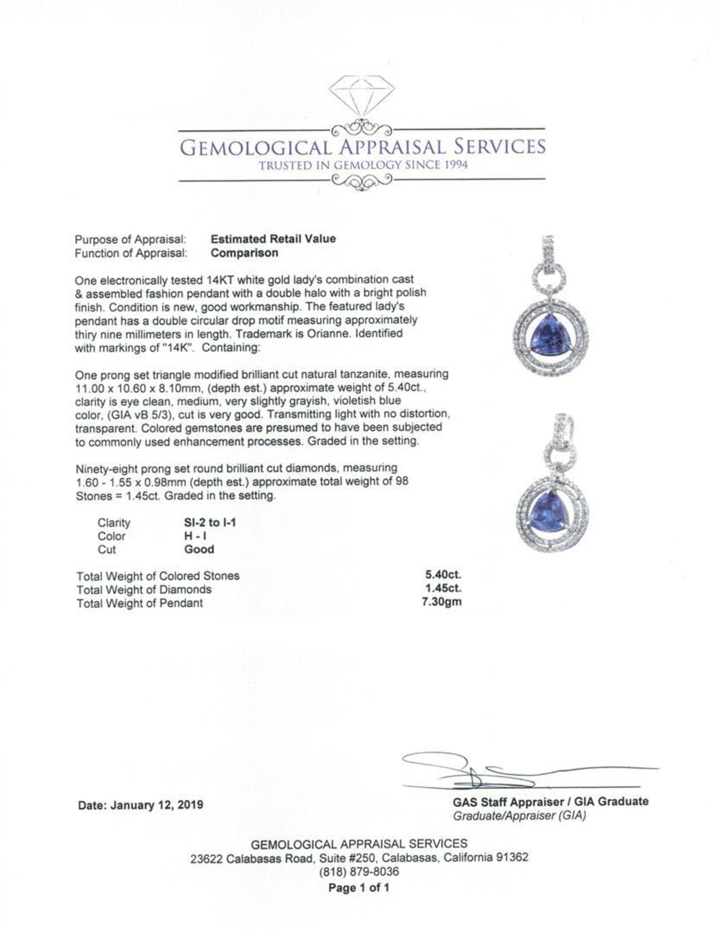 6.85 ctw Tanzanite and Diamond Pendant - 14KT White Gold - Image 3 of 3