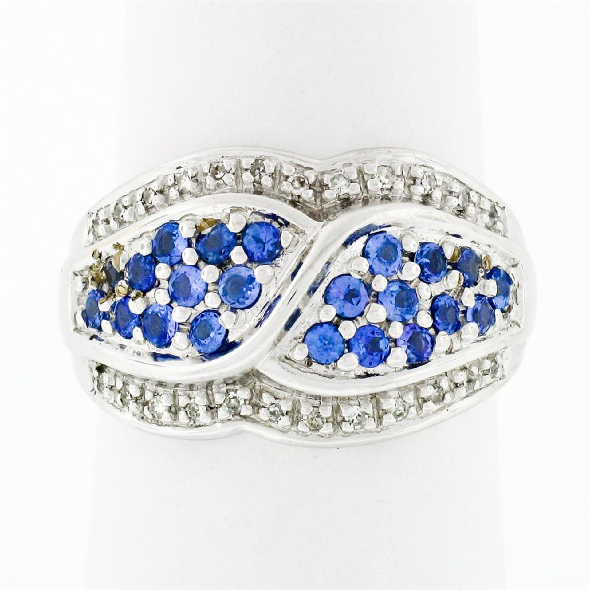 14k White Gold .85ctw Round Brilliant Tanzanite & Diamond Wide Cluster Band Ring