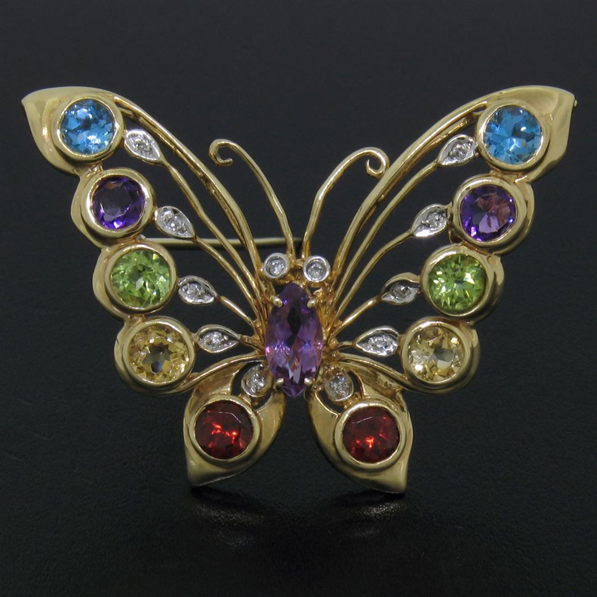 14k Yellow Gold 3.12ct Multi Colored Natural Gemstone & Diamond Butterfly Brooch