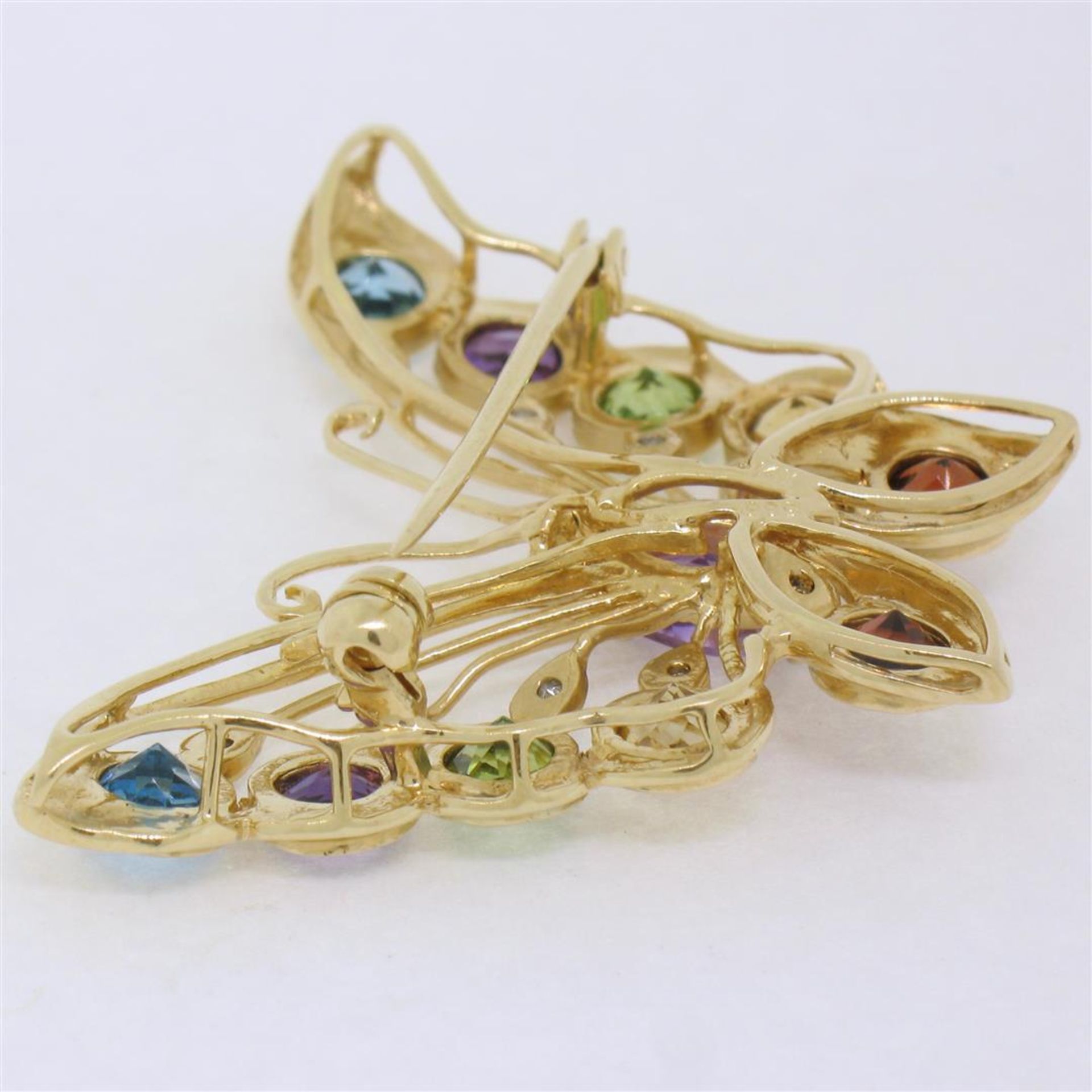 14k Yellow Gold 3.12ct Multi Colored Natural Gemstone & Diamond Butterfly Brooch - Image 7 of 7