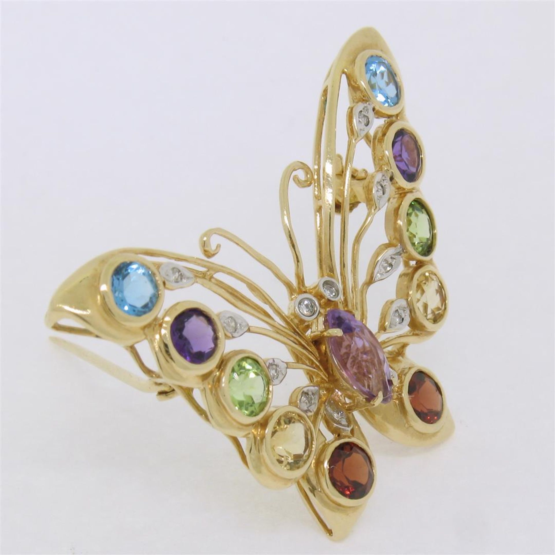 14k Yellow Gold 3.12ct Multi Colored Natural Gemstone & Diamond Butterfly Brooch - Image 4 of 7
