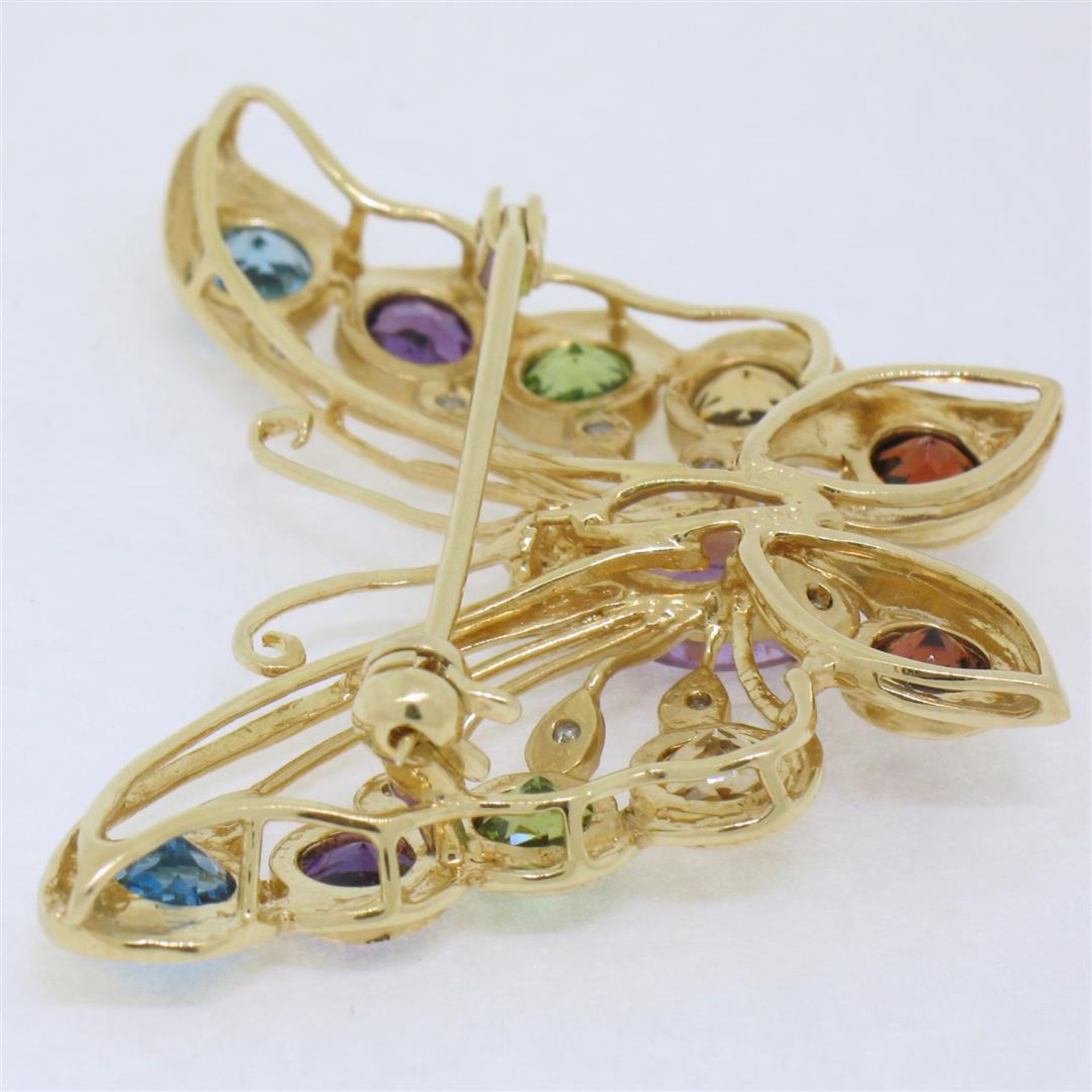 14k Yellow Gold 3.12ct Multi Colored Natural Gemstone & Diamond Butterfly Brooch - Image 6 of 7
