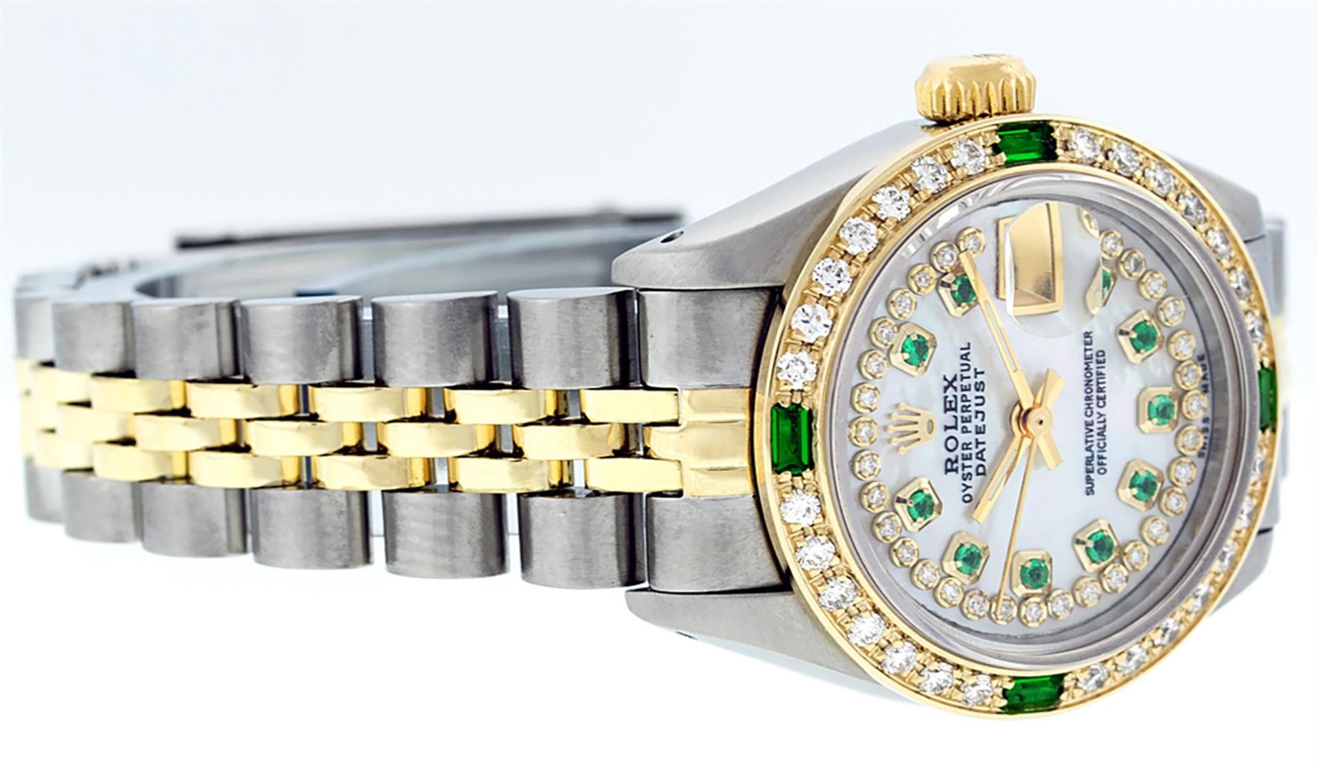 Rolex Ladies 2 Tone MOP Diamond & Emerald Datejust Oyster Perpetual Wristwatch - Image 4 of 9