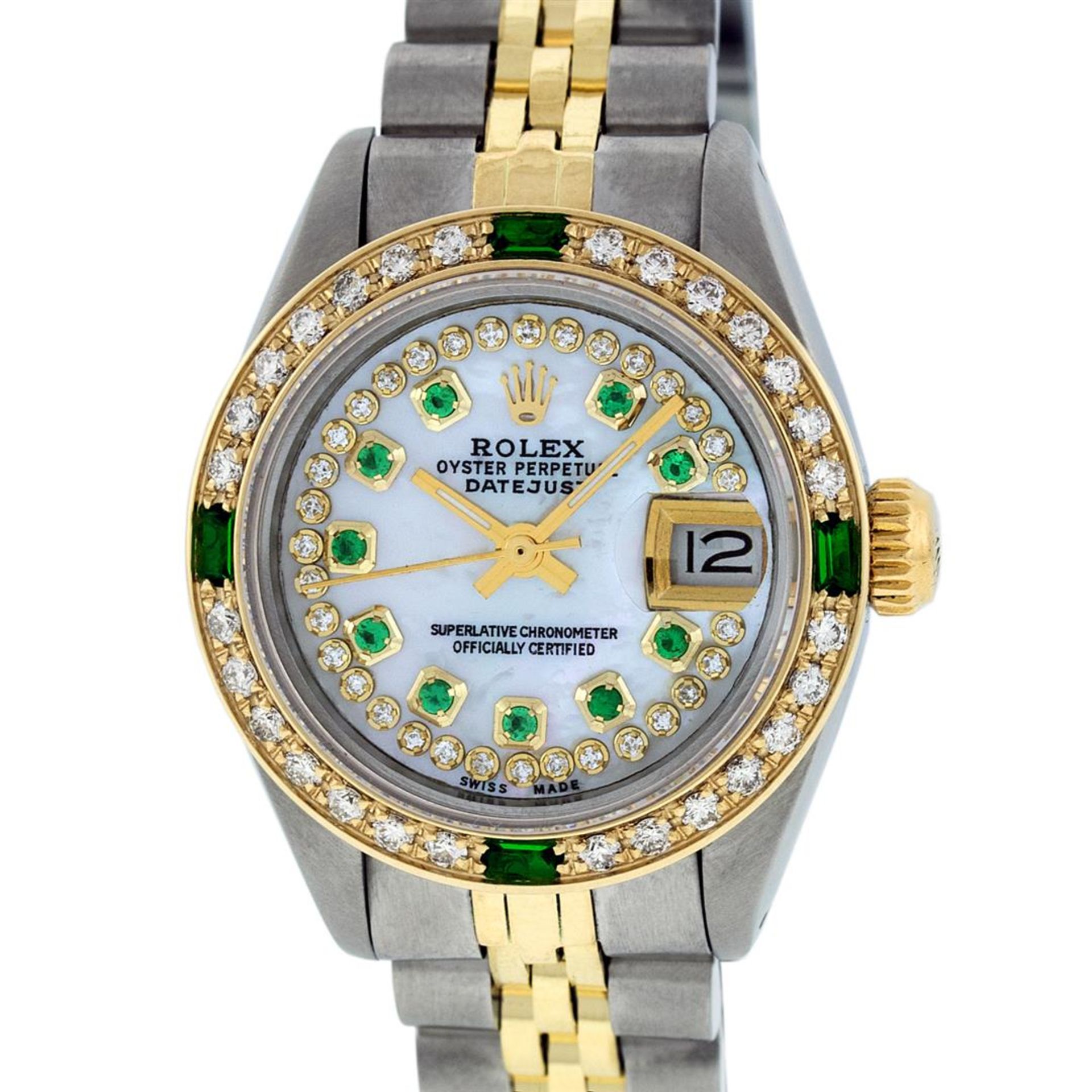 Rolex Ladies 2 Tone MOP Diamond & Emerald Datejust Oyster Perpetual Wristwatch