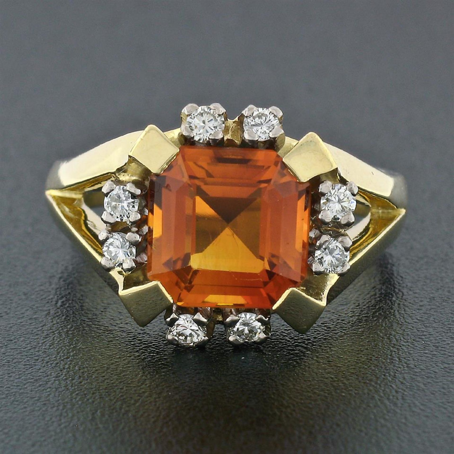 Vintage 14K Gold GIA Fine Quality Vivid Orange Step Cut Citrine & Diamond Ring - Image 3 of 9